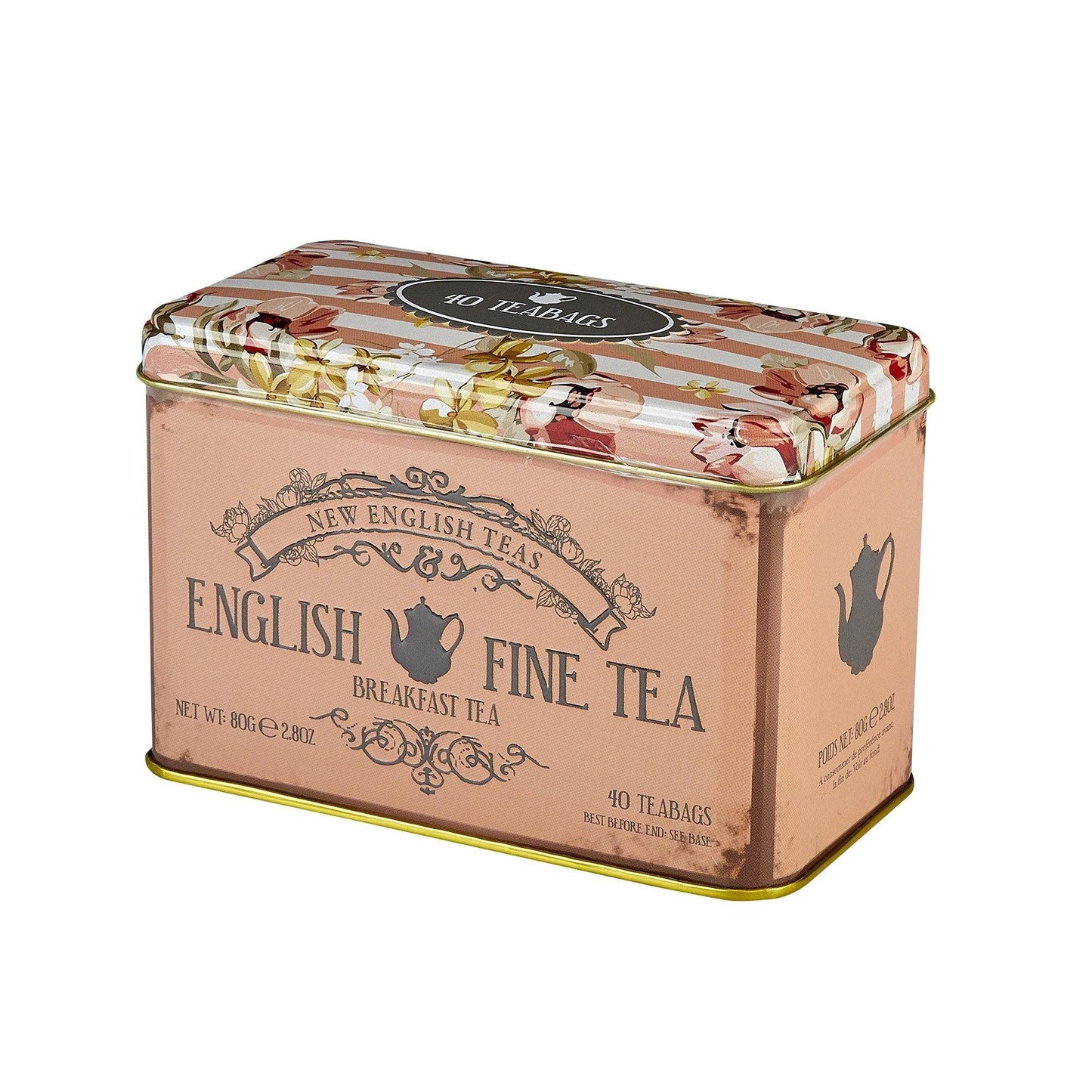 New English Teas Vintage Floral Tea Tin With 40 English Breakfast Teabags