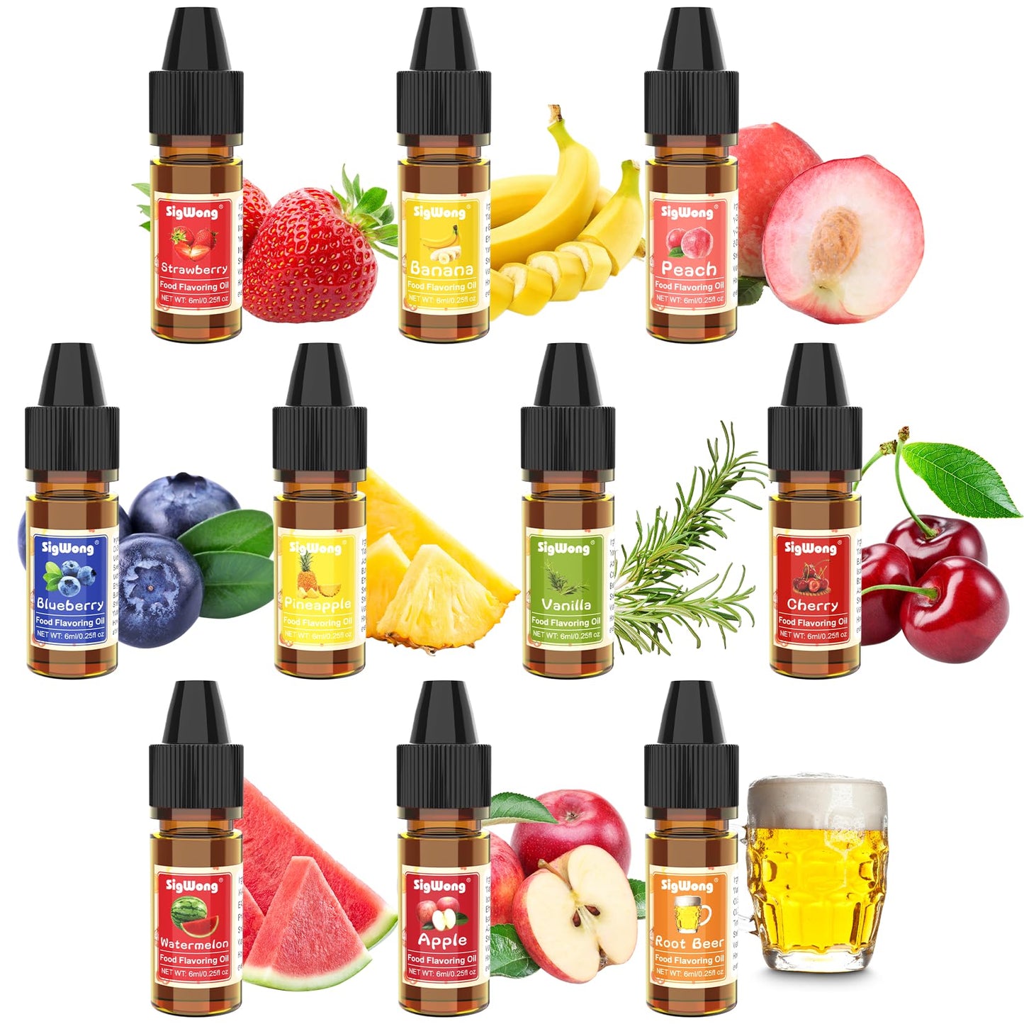 SigWong Food Flavoring Oil - 10 Concentrated Candy Flavors for Lip Balm, Baking, Cooking, Soap - 0.25 Fl Oz (6 ml) Bottles