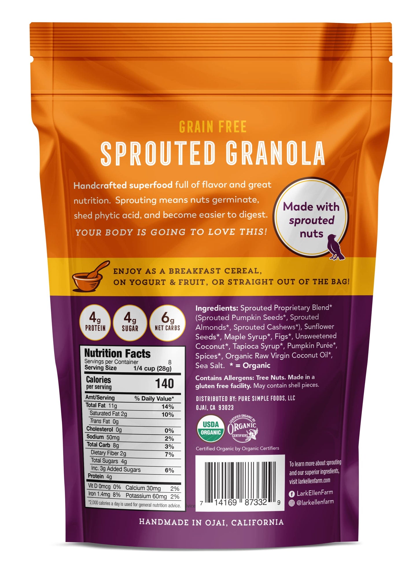 Lark Ellen Farm Pumpkin Fig Grain-Free Granola: Organic, Raw Sprouted Vegan Clusters. Paleo-Friendly And Gluten-Free Bites For C