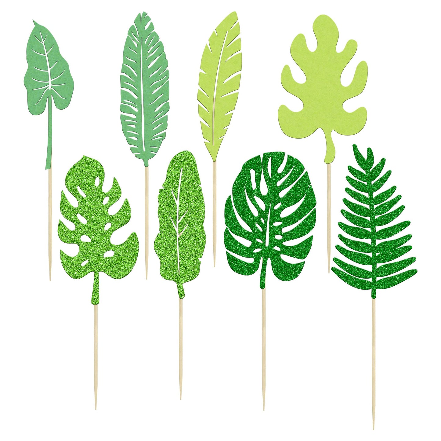 Gyufise 16Pcs Tropical Leaves Cake Toppers Glitter Palm Turtle Leaves Cake Toppers Green Leaf Forest Cupcake Plant Leaf Tropical