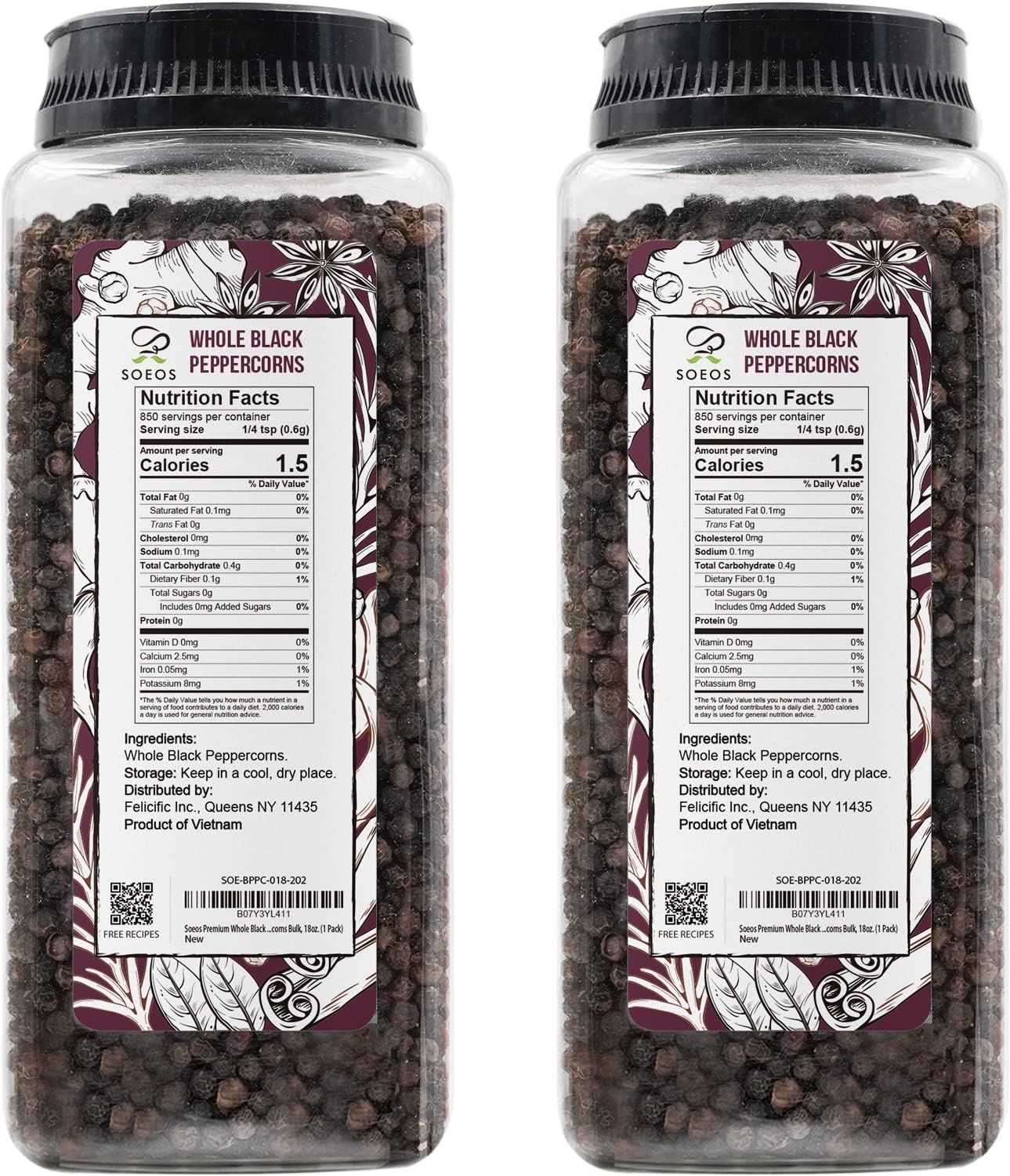 Soeos Black Peppercorns, 36Oz (Pack Of 2), Non-Gmo, Kosher, Packed To Keep Peppers Fresh, Peppercorn For Grinder Refill, Whole Peppercorns
