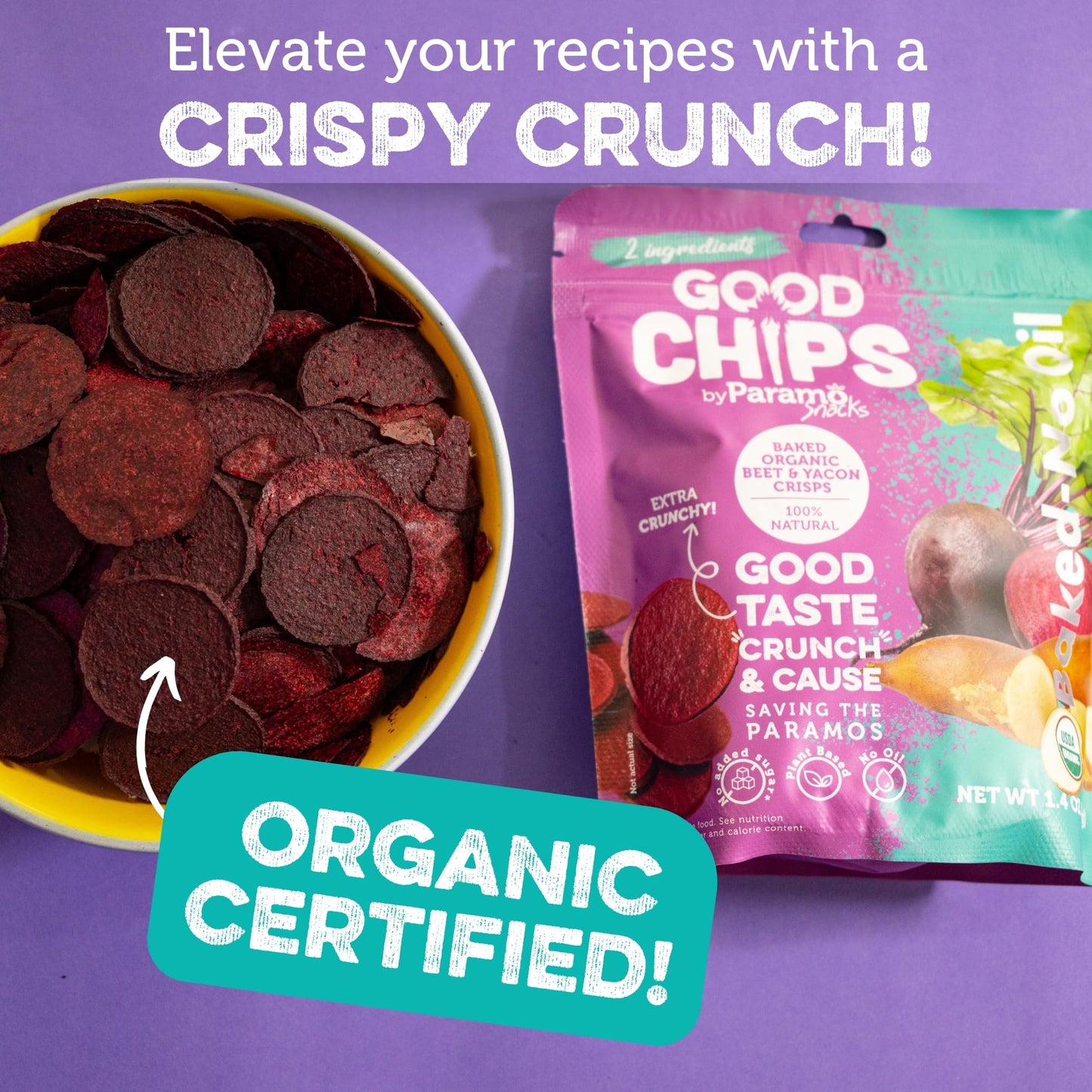 Good Chips Beet & Yacon - Crispy, Baked, No Oil, No Added Salt - Organic, High Fiber, Prebiotic Superfood - Healthy, Vegan Snack