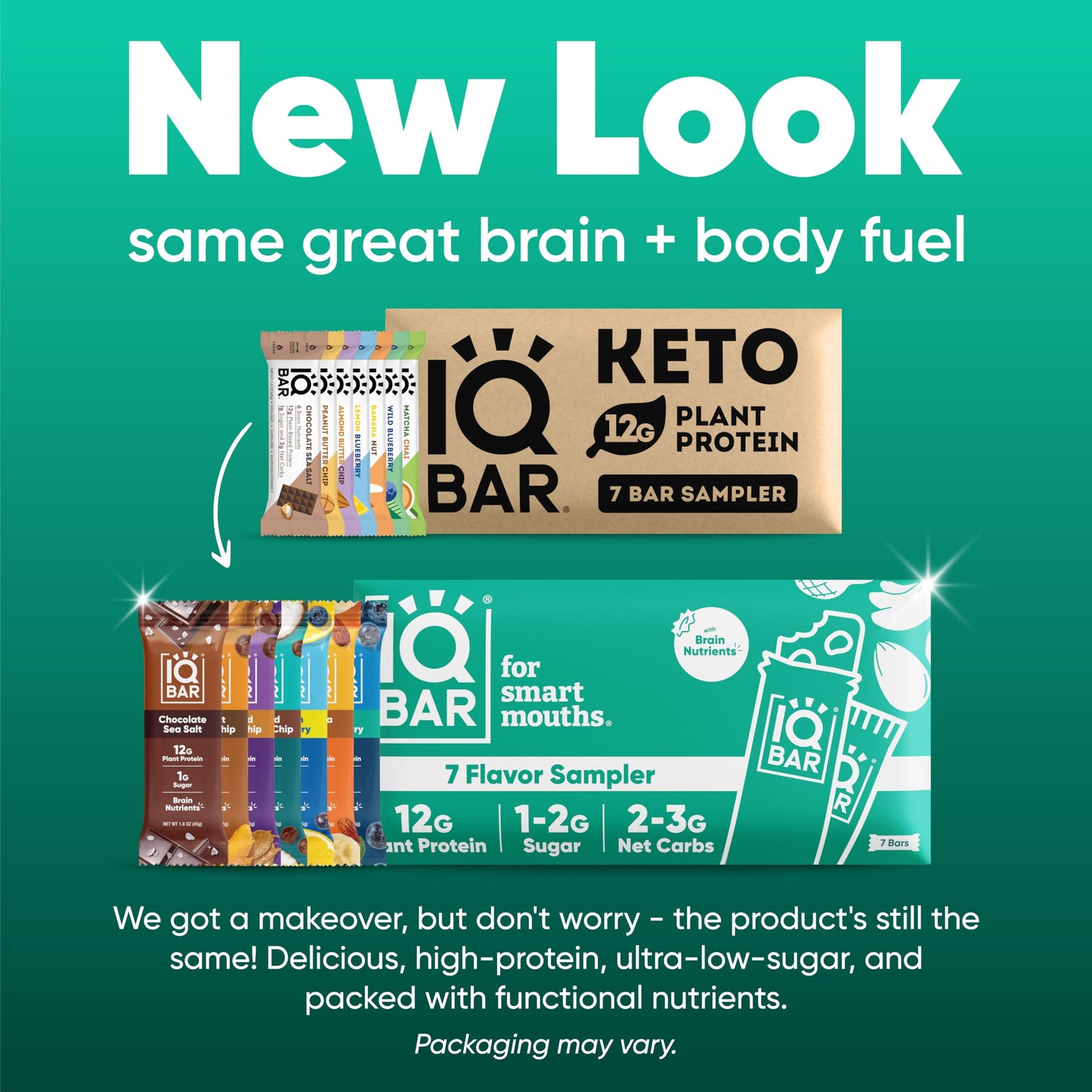 IQBAR Brain and Body Plant Protein Bars - 7 Bar Sampler Pack - Low Carb, High Fiber, Gluten Free, Healthy Vegan Snacks - Low Sug