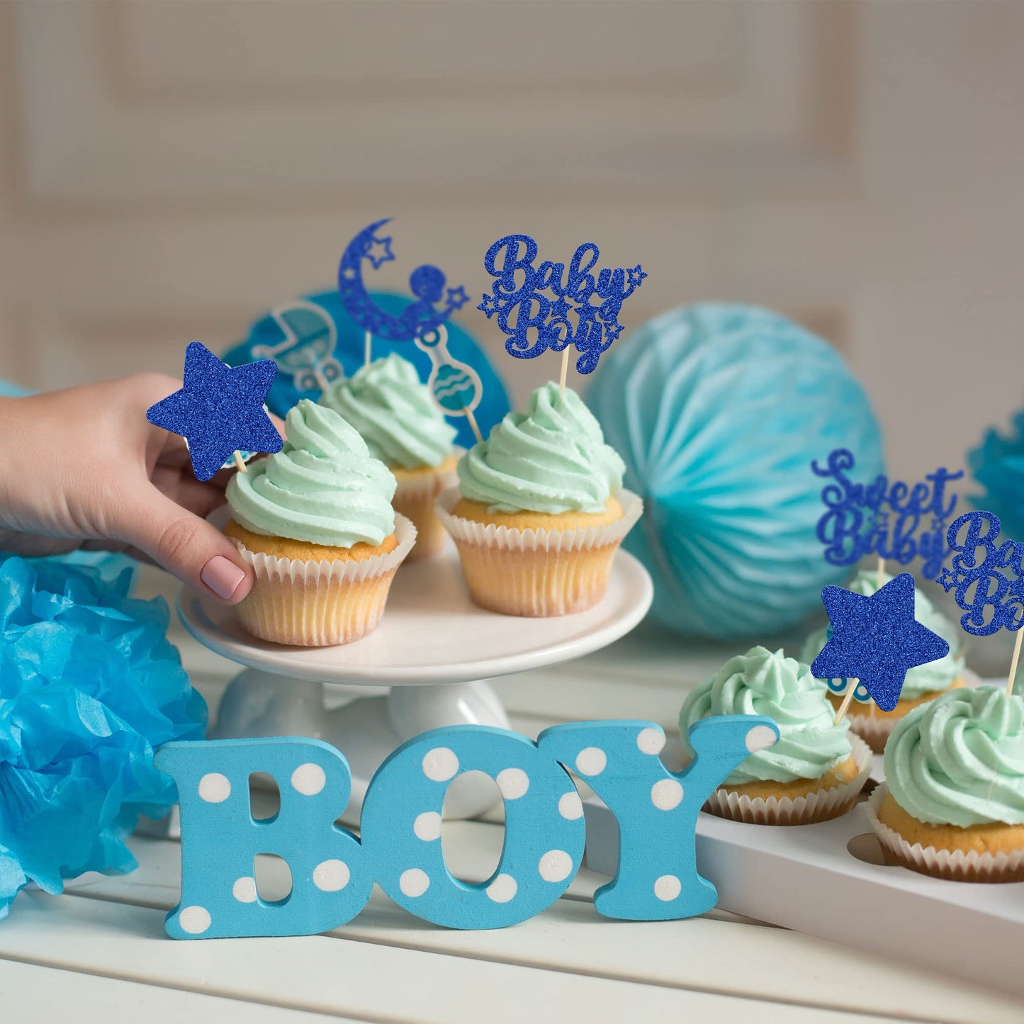 Gyufise 24Pcs Baby Shower Boy Cupcake Toppers Glitter Star Moon Sweet Baby Boy Cupcake Picks Baby Shower Boys Birthday Party Cak