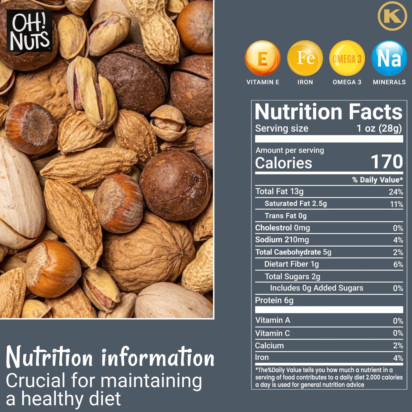 Oh! Nuts Jumbo Raw Mixed Nuts in Shell - 100% Natural - 2 lb - Packed in Zip-Seal Bag for Freshness