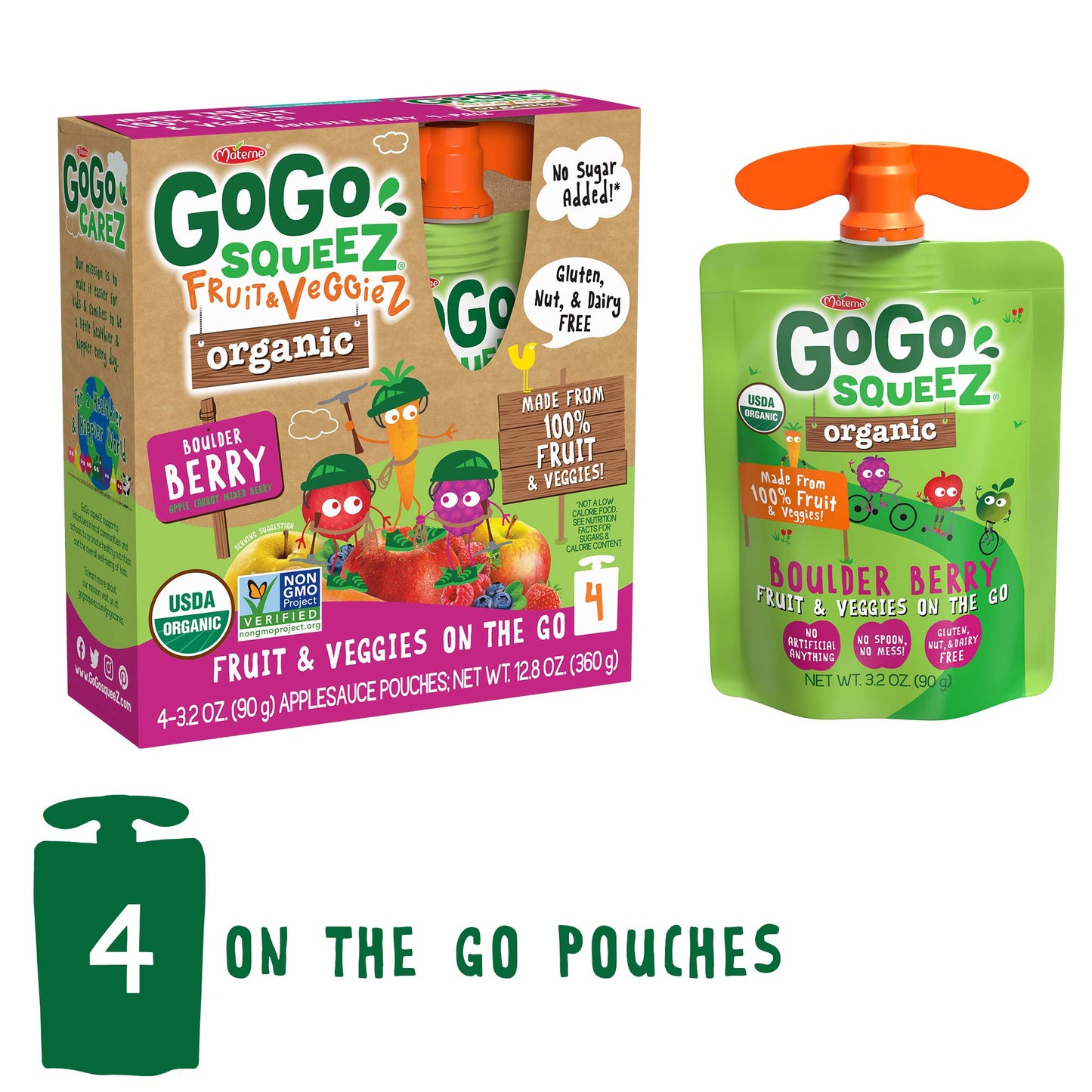 Gogo Squeez Organic Fruit & Veggiez, Apple Mixed Berry Carrot, 3.2 Ounce (4 Pouches), Gluten Free, Vegan Friendly, Unsweetened,