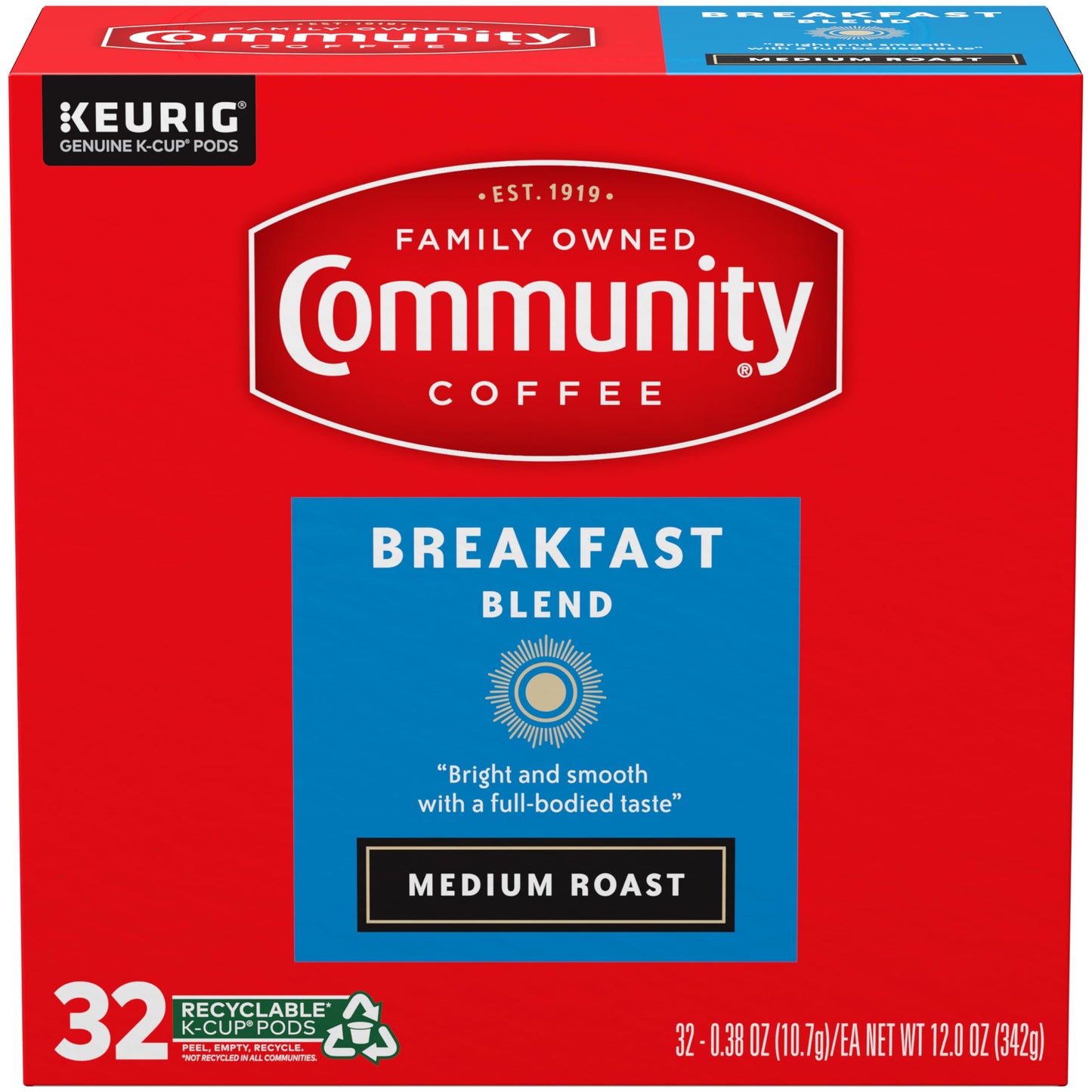 Community Coffee Breakfast Blend, Medium Roast, Single-Serve Keurig K-Cup Pods, 32 Count (Pack of 4)