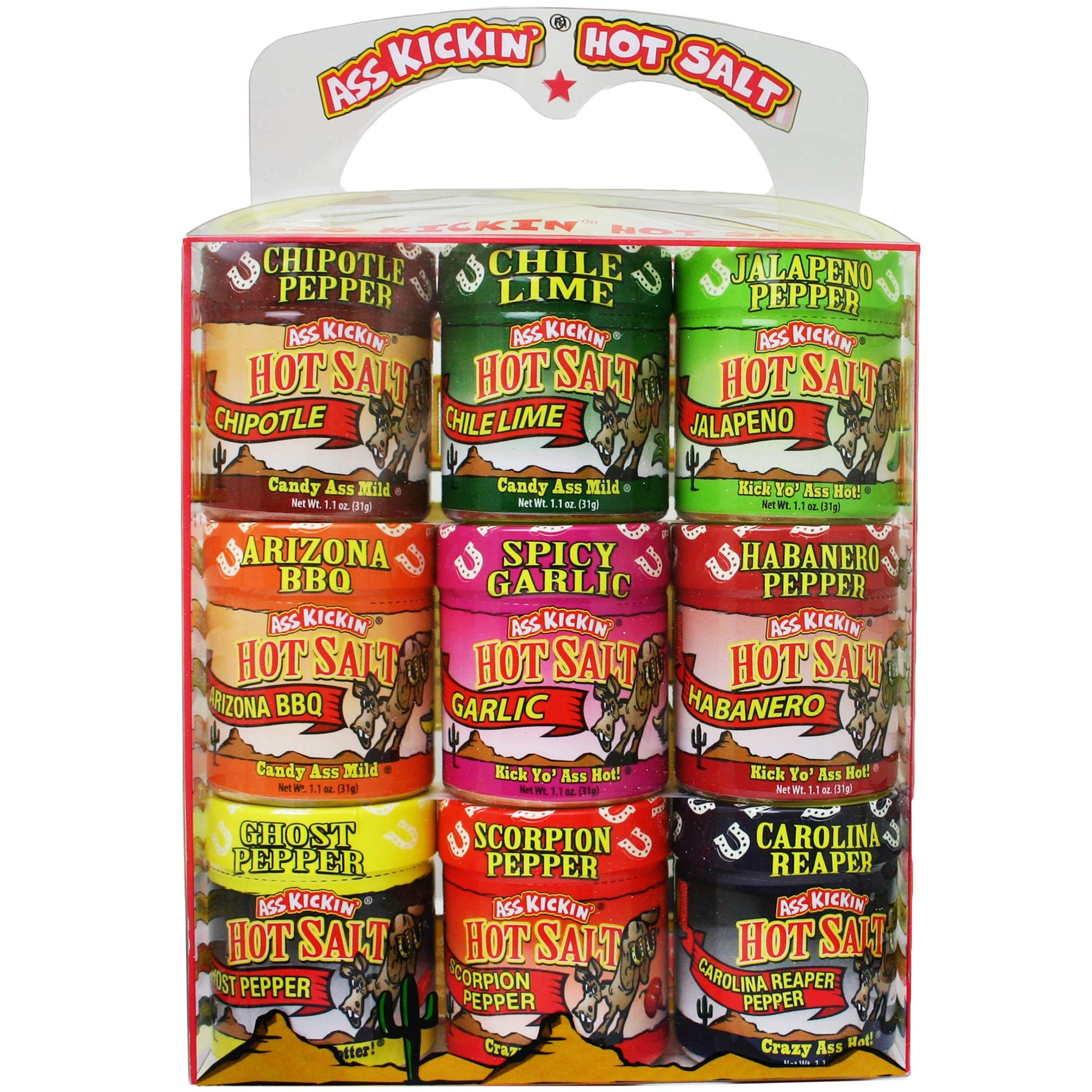 Ass Kickin Hot And Spicy Salt Gift Set - 1.1 Oz. (9 Pack Variety) - Perfect Flavor For Popcorn Seasoning  Margarita Salt And French Fry Seasoning - Top-Grade Gourmet Gift Set