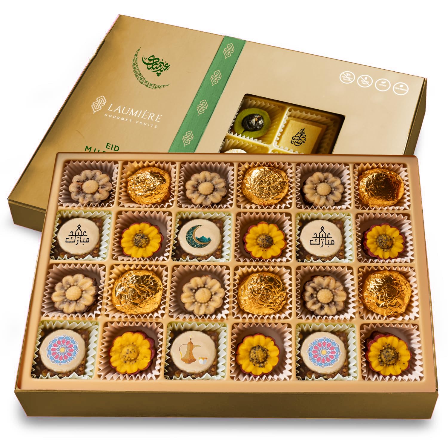 Laumiere Gourmet Fruits - Noor Collection [Eid Edition] - Rectangle (24 Pcs) - Halal Dried Fruits and Nuts Basket - Medjool Date
