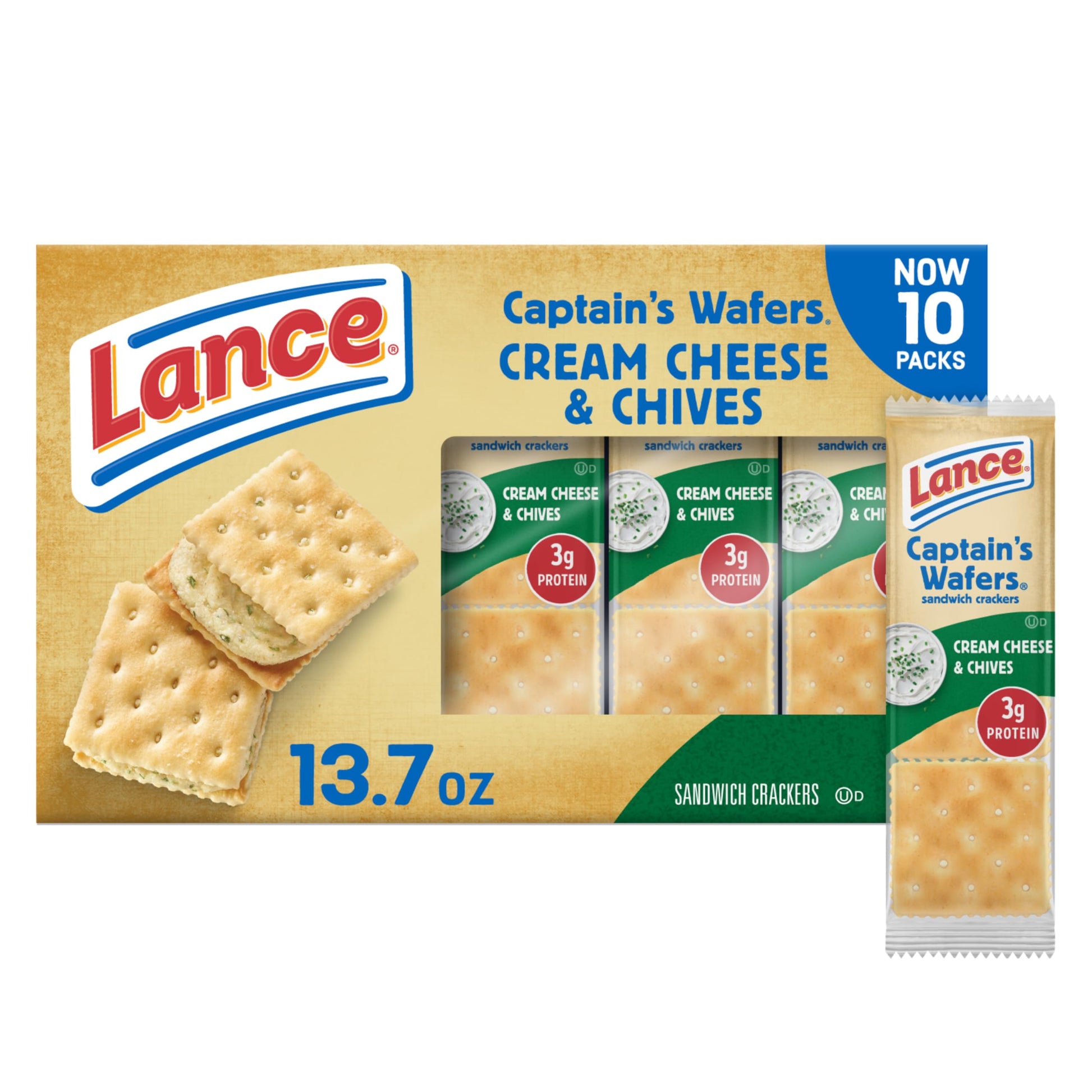 Lance Sandwich Crackers, Captains Wafers Cream Cheese and Chives, 10 Packs, 6 Sandwiches Each
