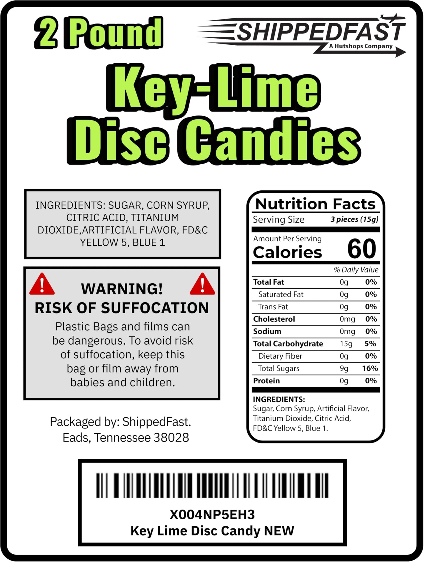 Shippedfast Key Lime Candies - Individually Wrapped Hard Candy, 2 Pound Bag, 28.194 cm Height