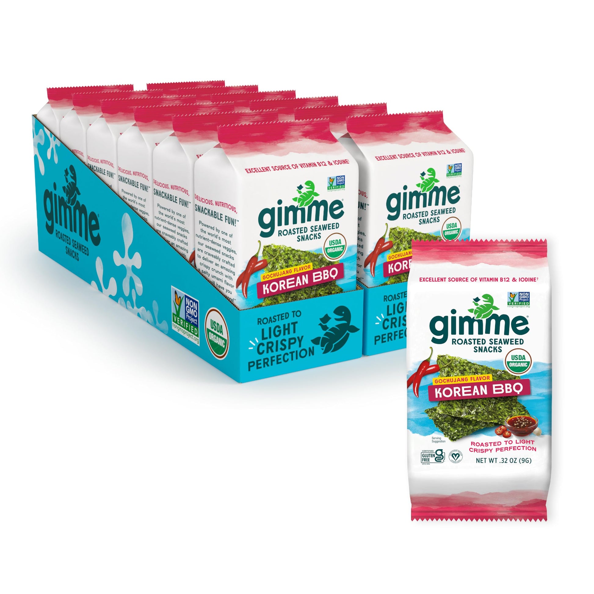 Gimme Seaweed - Korean BBQ - 12 Count Sharing Size - Organic Roasted Seaweed Sheets - Keto, Vegan, Gluten Free - Great Source of