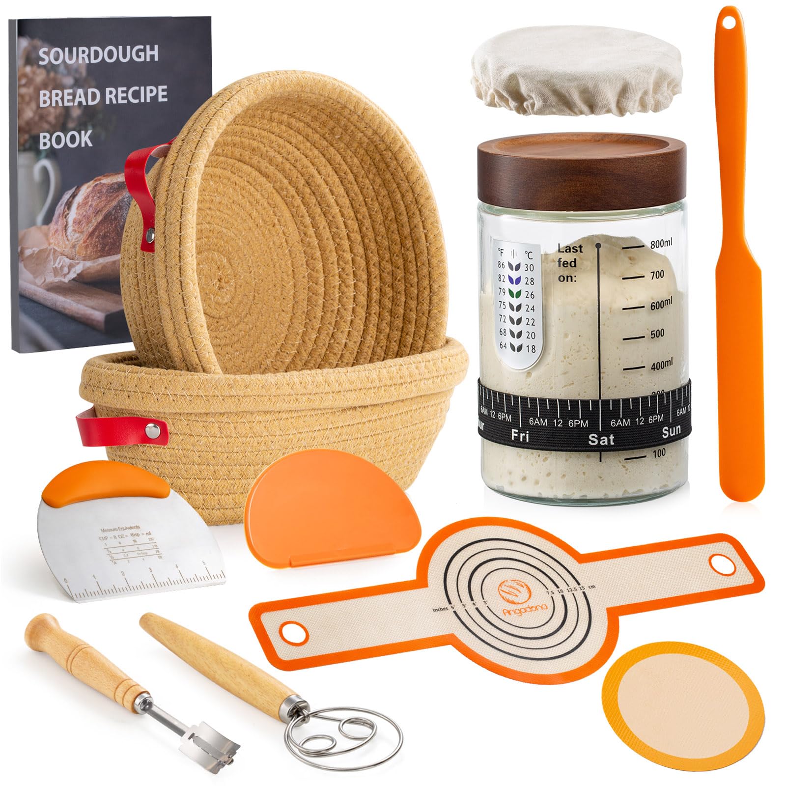 Angadona Sourdough Starter Kit - Handmade Cotton Rope Bannetons with Liners, 35oz Jar, Orange, Model SBBT-CTR-GJKT