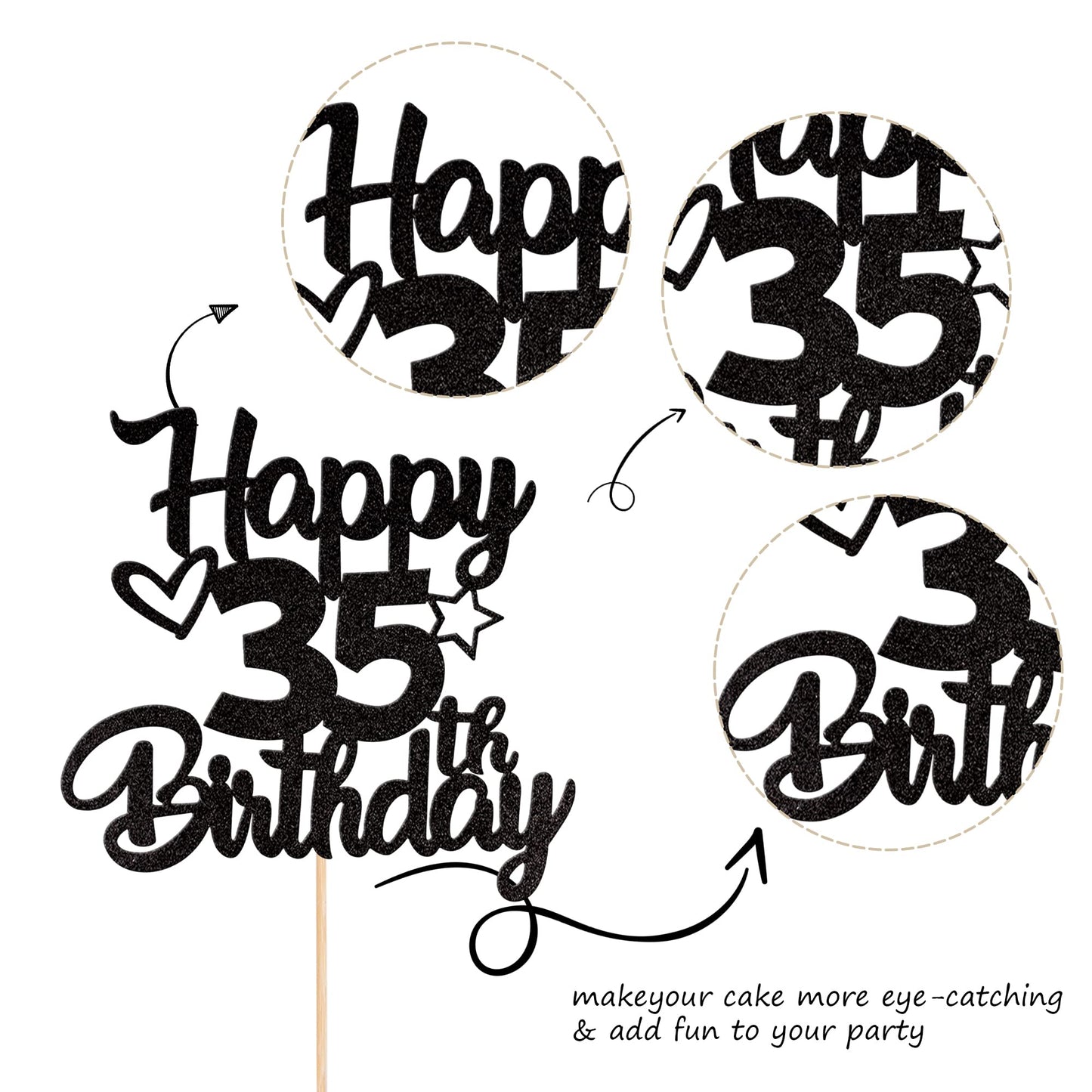 YCTHUNFISH 35th Birthday Cake Topper Glitter Heart Star Black Bamboo Decoration