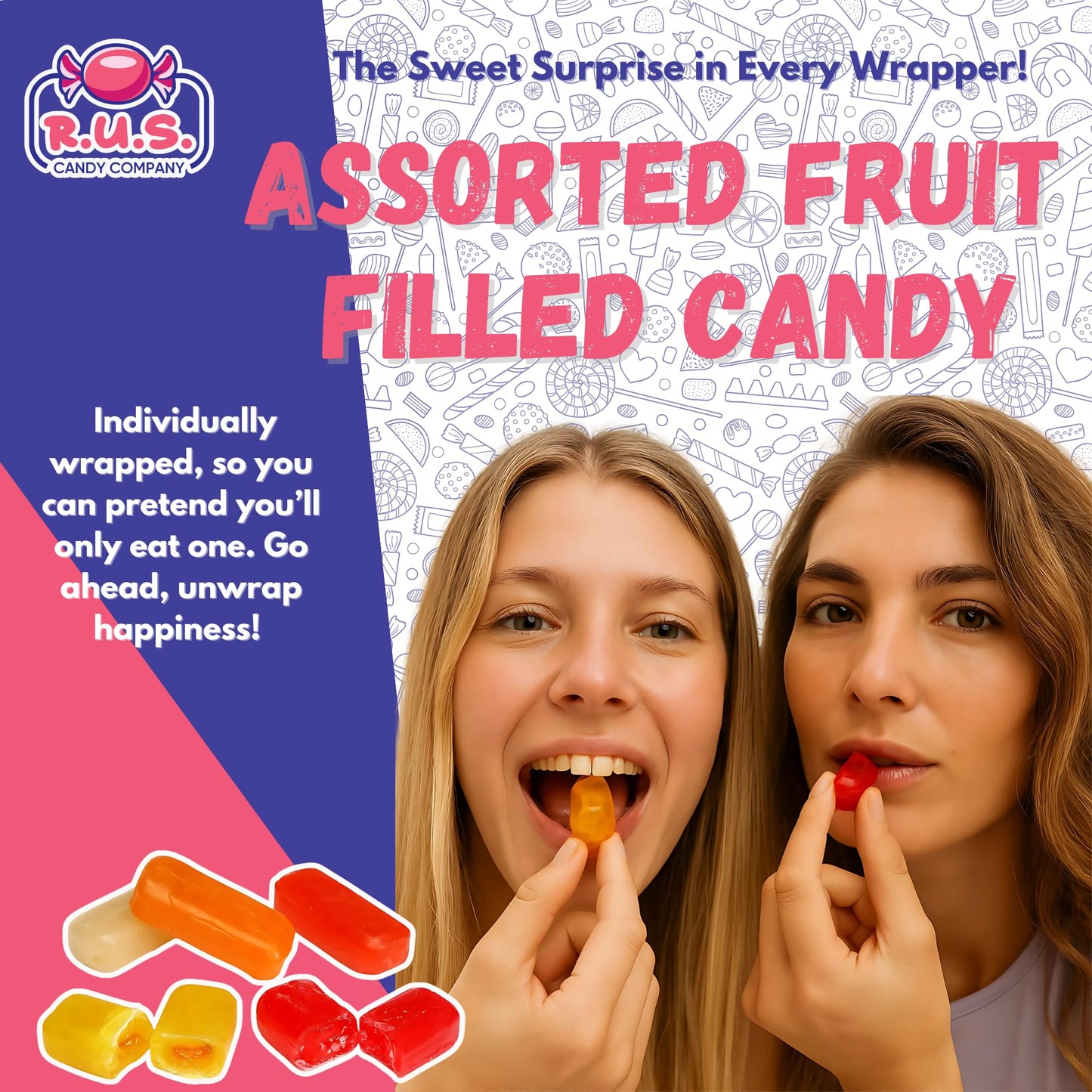 R.U.S. Candy Fruit Filled Hard Candy – Assorted Flavors – 1 lb Bag – Individually Wrapped for Freshness