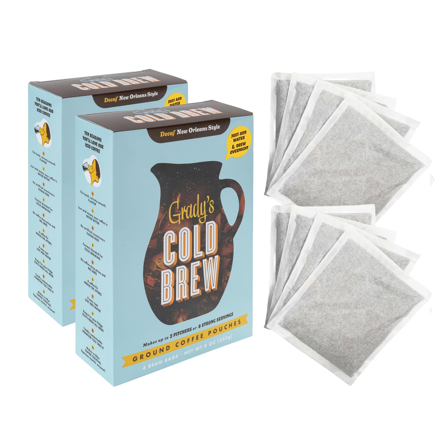 GRADYS COLD BREW, New Orleans Style - DECAF, 100% Arabica Ground Coffee & Chicory Pouches, TWO Bundles of 4 Easy-to-Brew Bean Ba