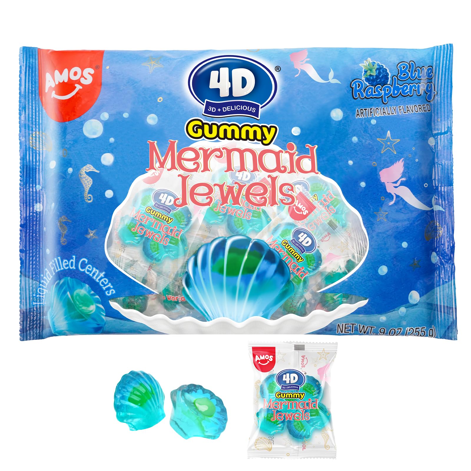 Amos 4D Mermaid Gummy Candy, Blue Raspberry, 9oz Individually Wrapped Mini Packs, Soft Jelly-Filled Seashell Treats