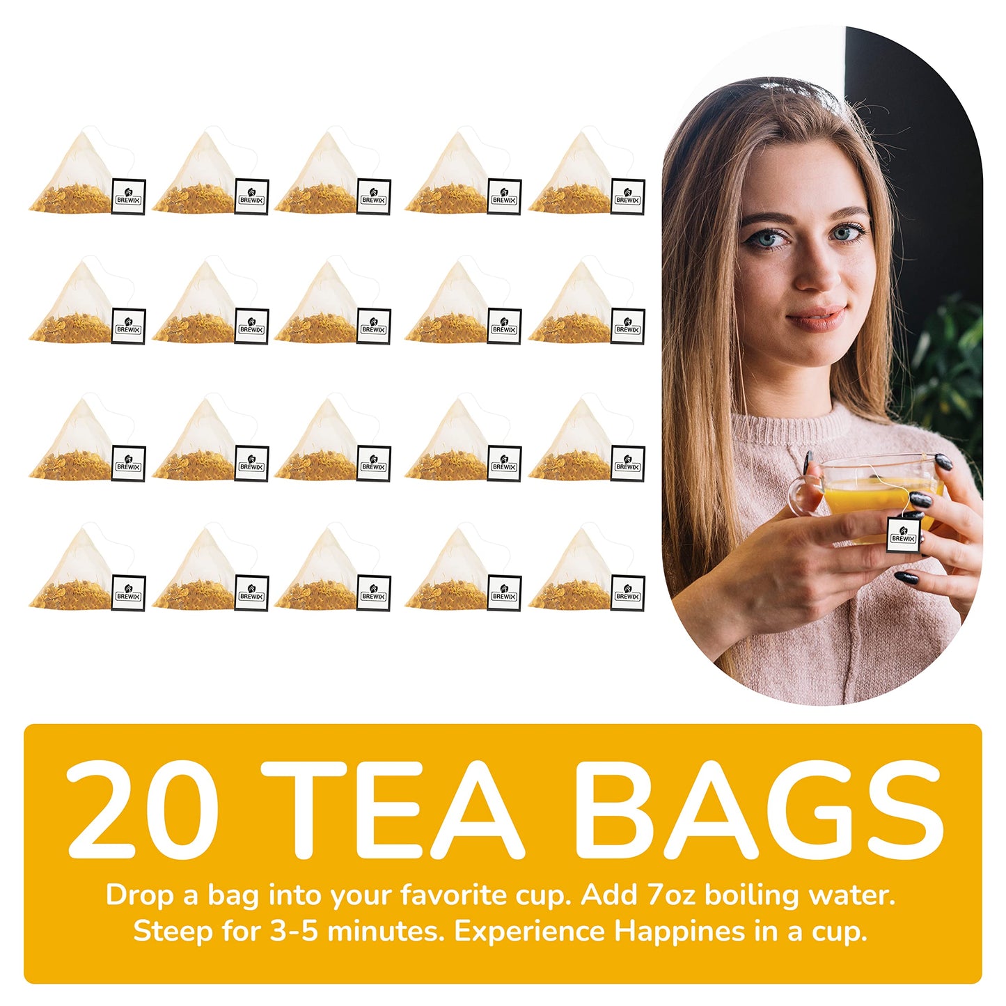 BREWIX Turmeric Ginger Herbal Tea Bags - 20 Pyramid Bags, Naturally Caffeine Free, Pure Herbal Blend, Resealable Ziplock Pouch