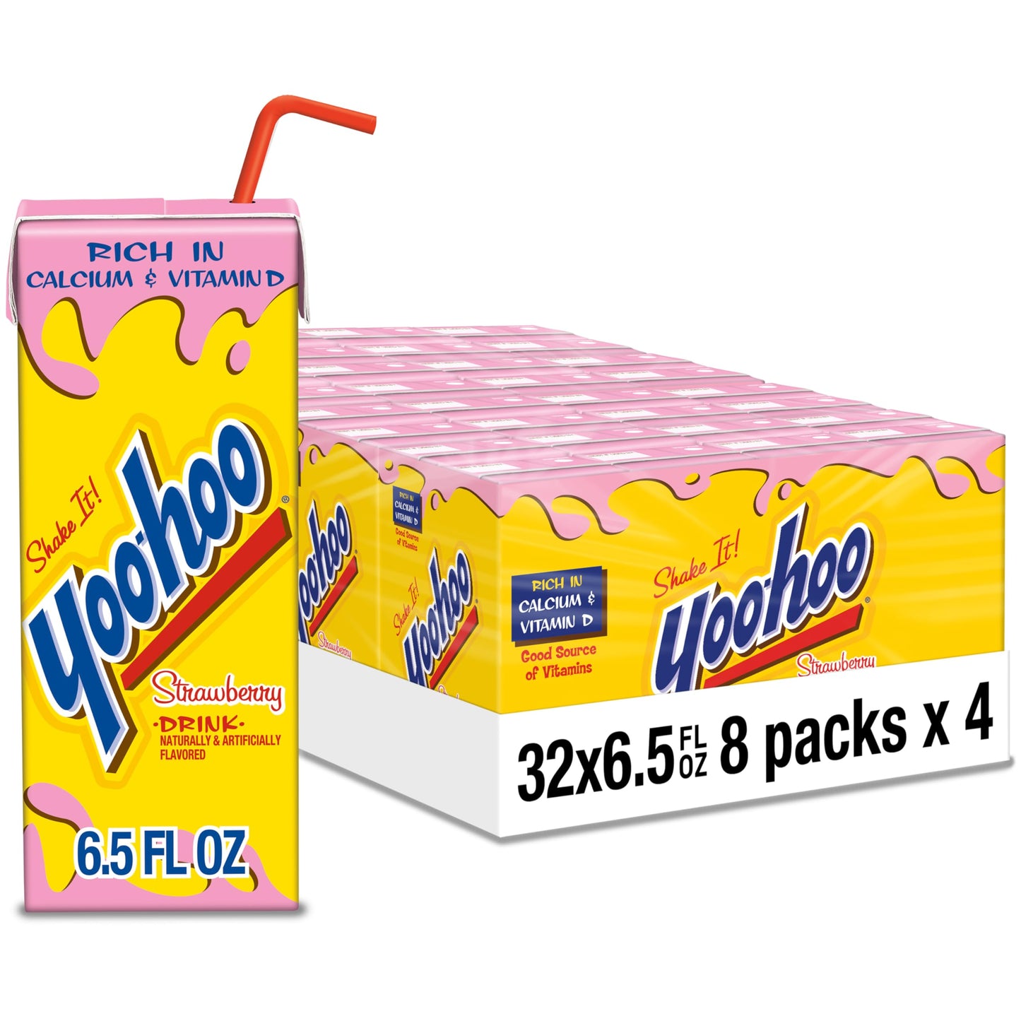 Yoo-Hoo Strawberry Flavored Drink  6.5 Fl Oz Boxes  32 Count (4 Packs Of 8)  Ready To Drink  Energy Blend-Free  99% Fat-Free  High In Calcium & Vitamin D