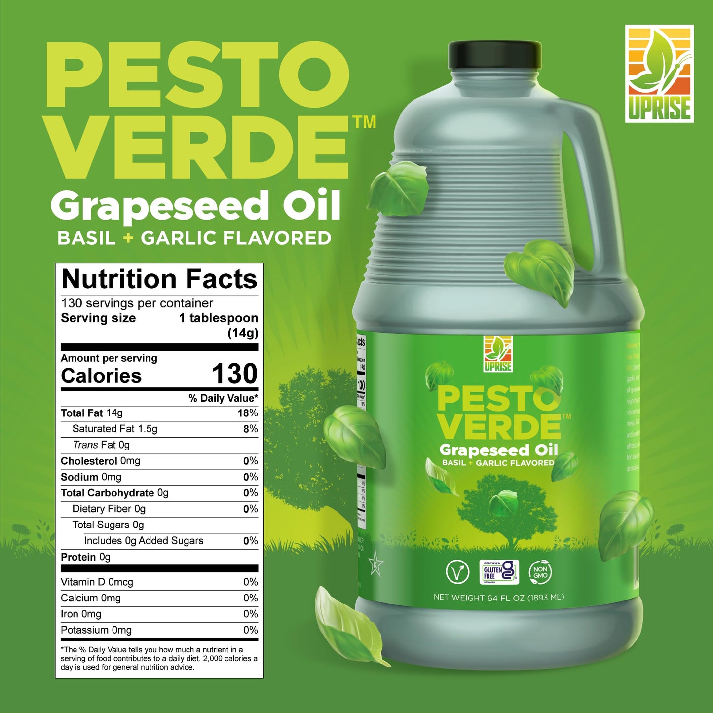 Pesto Verde Grapeseed Oil 64 Oz (High Smoke Point, Gluten-Free, Non-Gmo, Healthy Evo Alternative)