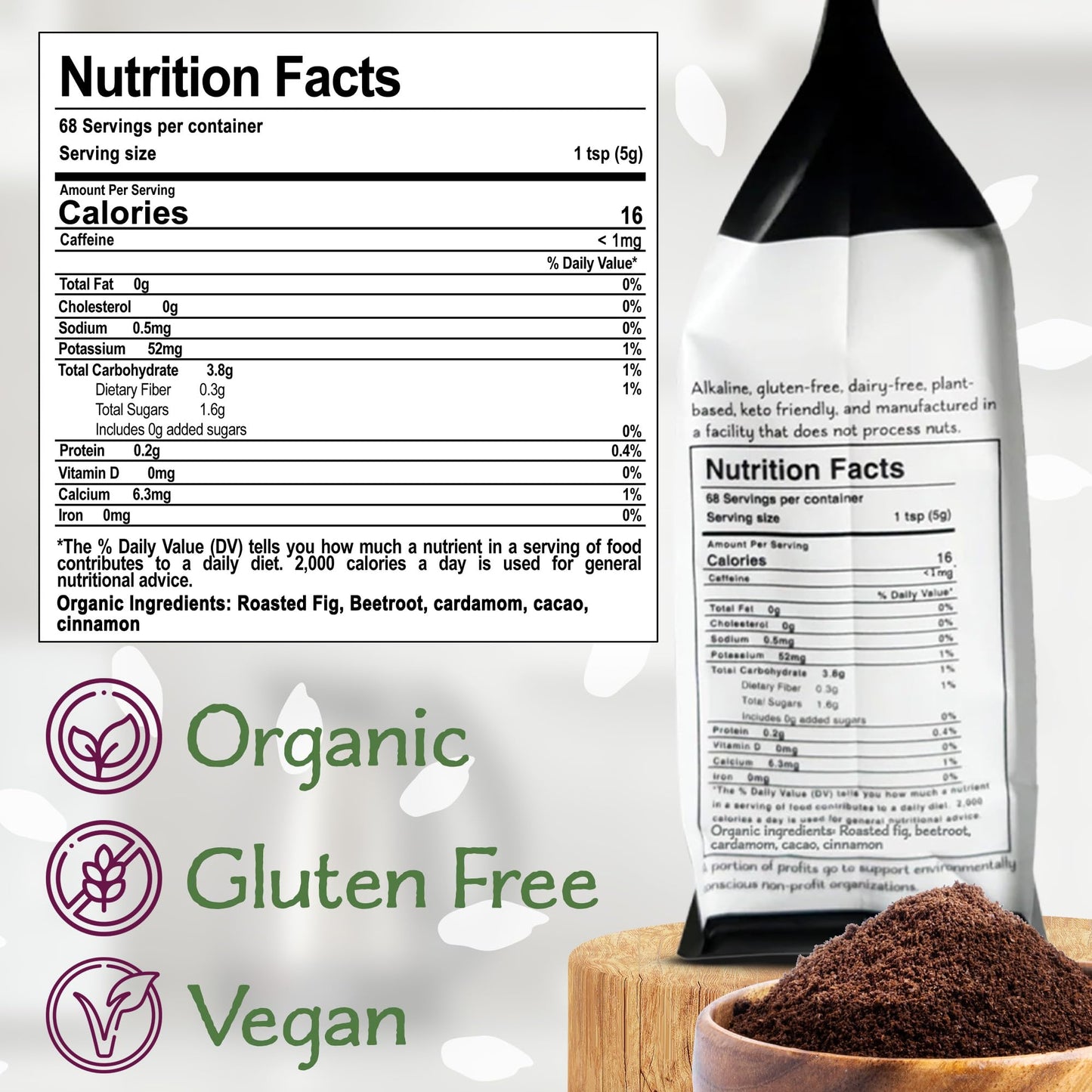 Figbrew - Beetroot Superfood Organic Coffee Alternative, Ground Coffee Substitute, Non-Acidic, Stomach-Friendly Replacement For