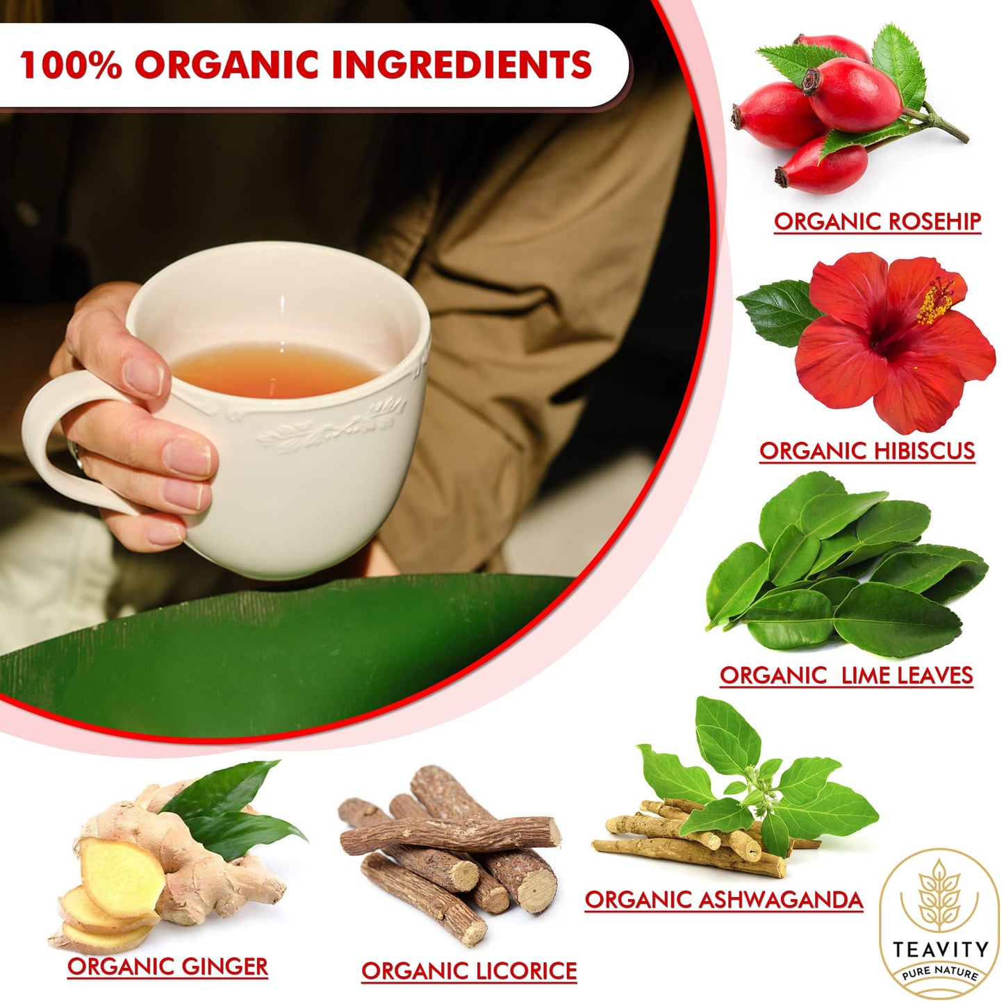 Organic Ashwagandha Tea Pods For Keurig With Ginger, Licorice, Organic Hibiscus Sabdariffa, Rosehip, & Lime - Decaf Herbal Tea -