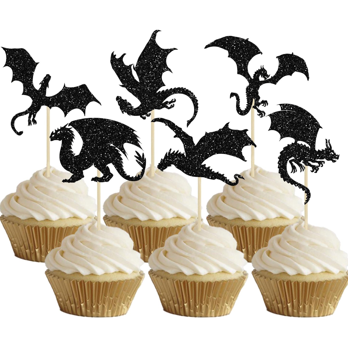 24Pcs Dragon Cupcake Toppers Glitter Dinosaur Birthday Cupcake Picks For Flying Dragon Theme Baby Shower Kids Birthday Party Cak