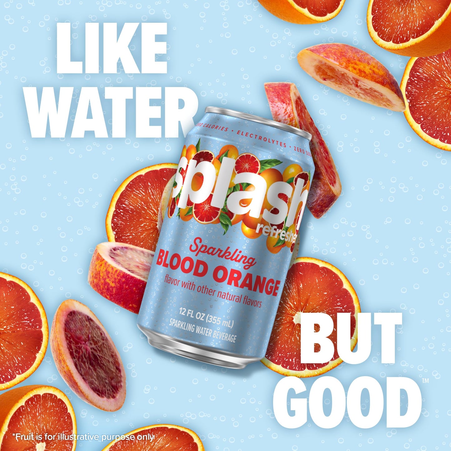 Splash Refresher Sparkling Water, Blood Orange - 8-Pack, 12 Fl Oz Cans - Flavored Carbonated Seltzer Water with Electrolytes, Ze