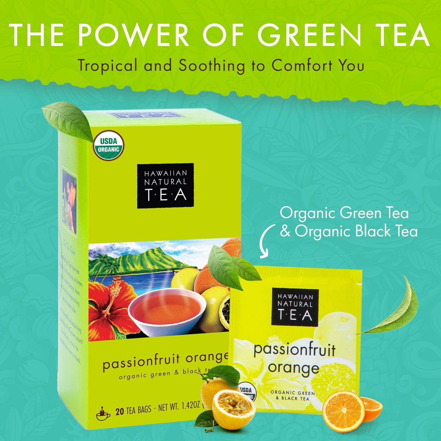 Hawaiian Natural Tea Passion Fruit Orange Flavored Organic Tea - Tropical Fruit Green Tea Blend With Black Tea - Perfect Daily C
