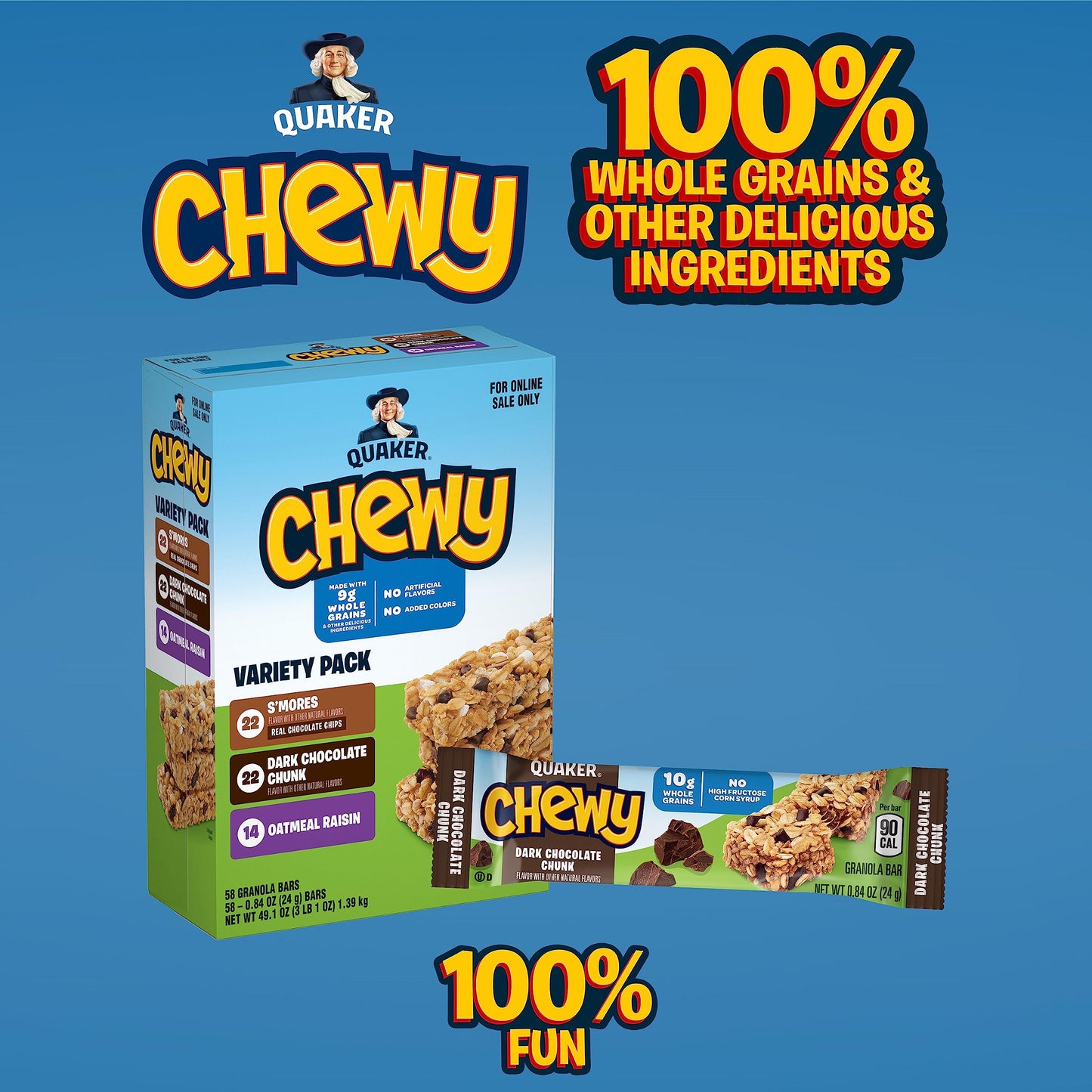 Quaker Chewy Granola Bars, 3 Flavor Back-to-School Variety Pack, 58 Count