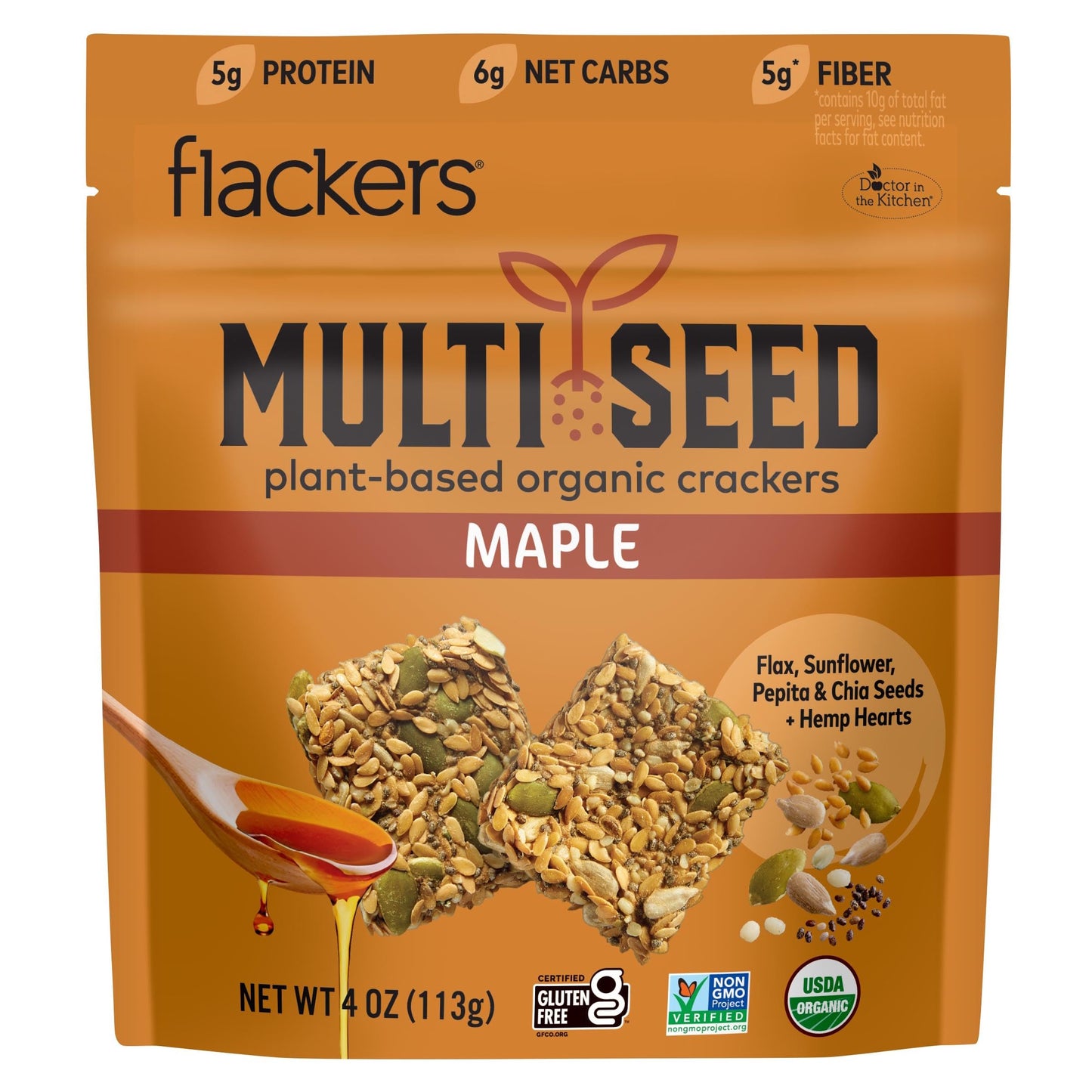 Flackers Organic Maple Multi-Seed Crackers, 4 Ounce 1-Pack, Gluten Free, Non GMO, Vegan, Keto Snack, 5g Fiber, 5g Protein, 6g Ne