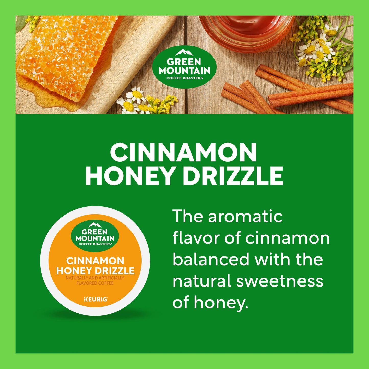 Green Mountain Coffee Roasters Cinnamon Honey Drizzle Flavored Coffee, Single Serve Keurig K-Cup Pod, 96-Count Pods, (4 Pack Of 24)