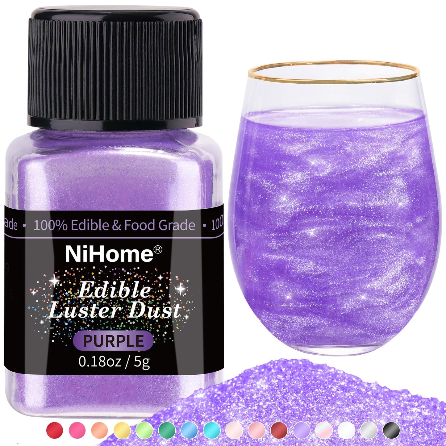 NiHome Edible Glitter Powder for Decorating - Metallic Luster Dust, Purple, 5g/0.17oz, Vegan, Allergen-Free