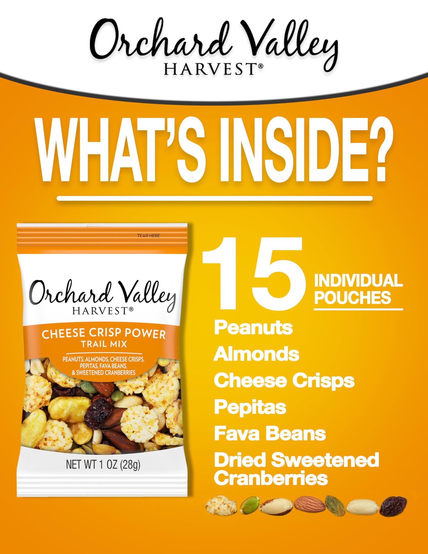 Orchard Valley Harvest Cheese Crisp Power Trail Mix, 1 oz Bags (15 count), Snack Packs, 7g Protein per serving, Trail Mix Indivi