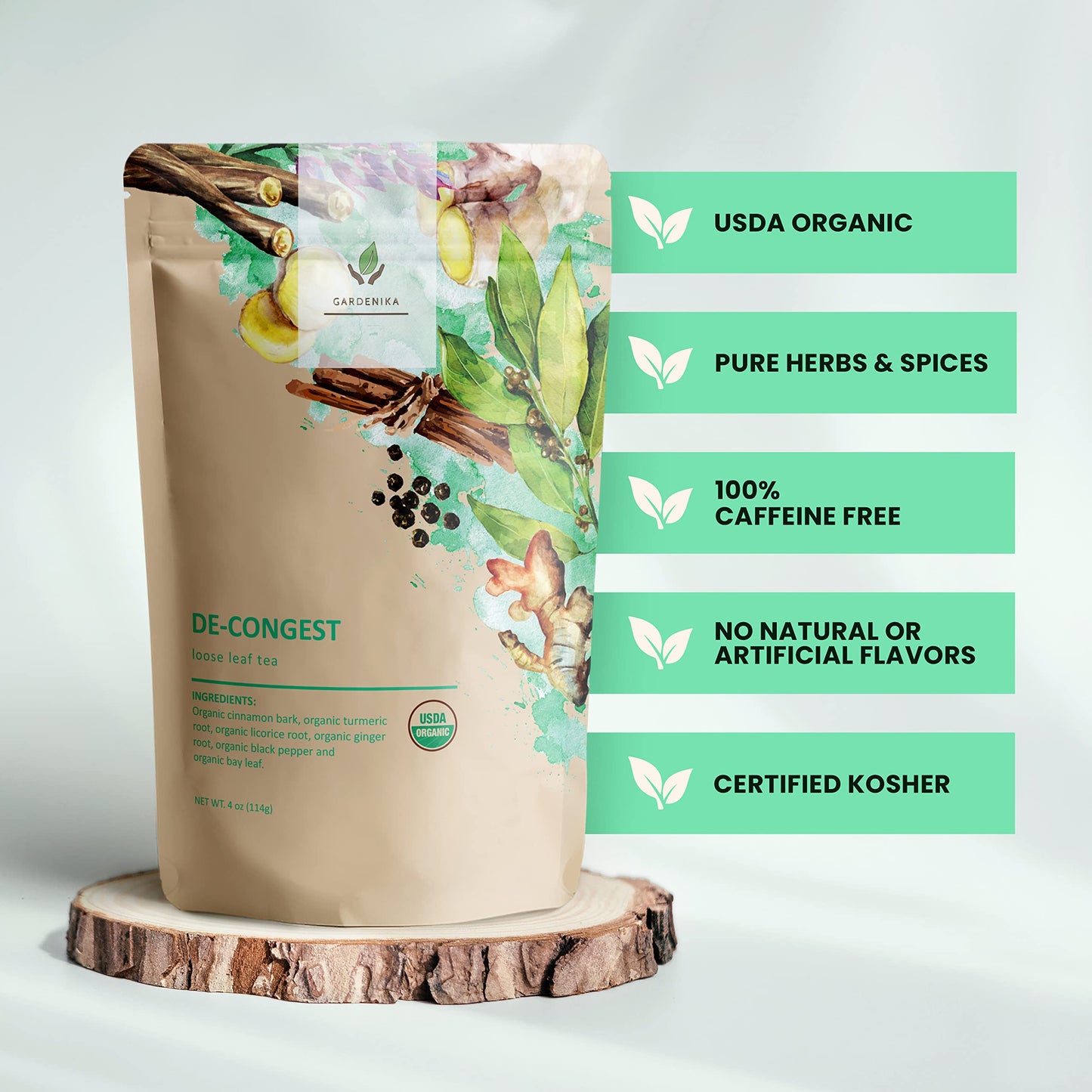 Gardenika Loose Leaf Tea, Organic Herbal Blend with Turmeric, Cinnamon, Ginger - 4 oz, Caffeine-Free