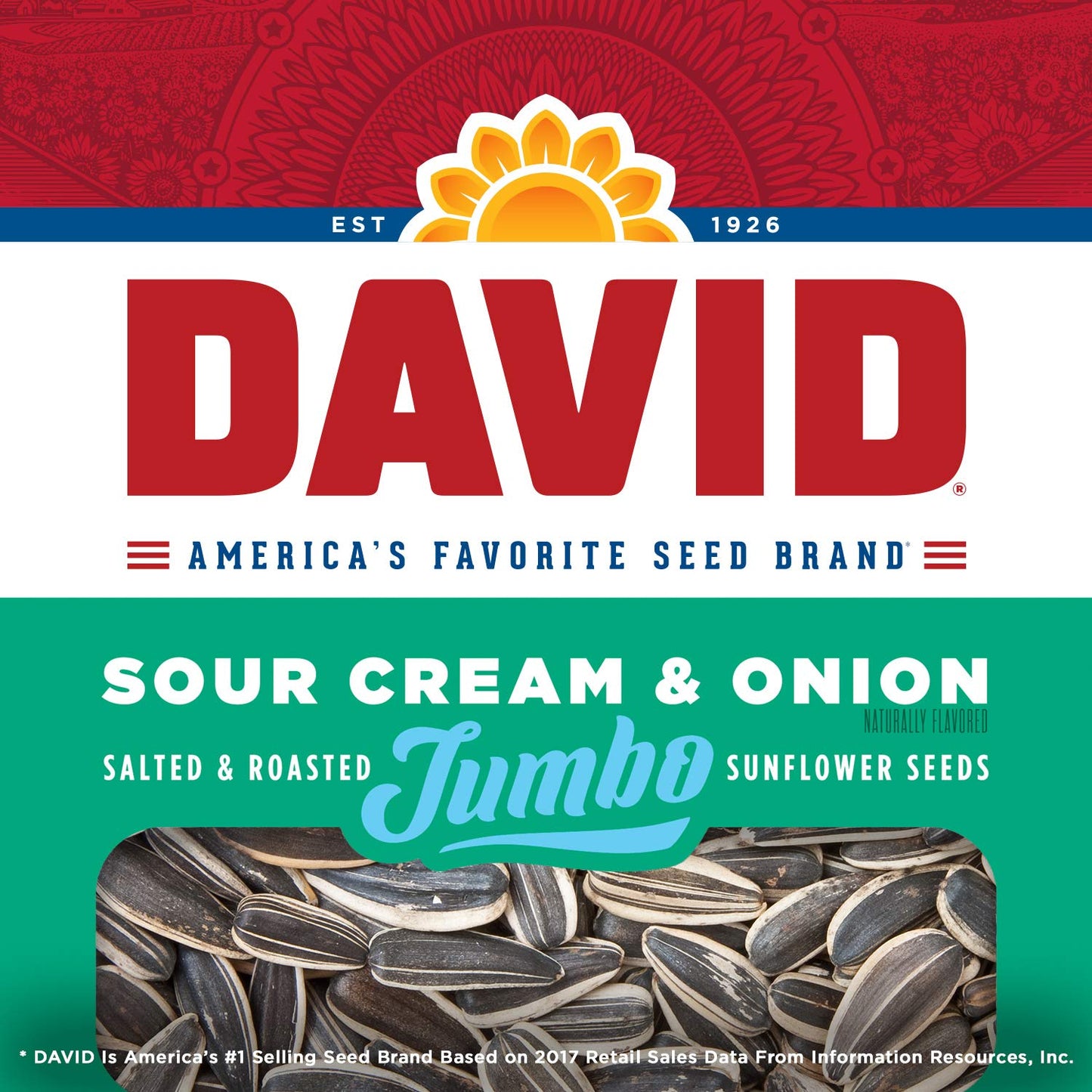 David Sour Cream & Onion Jumbo Sunflower Seeds, Keto Friendly, 5.25 Oz Resealable Bag