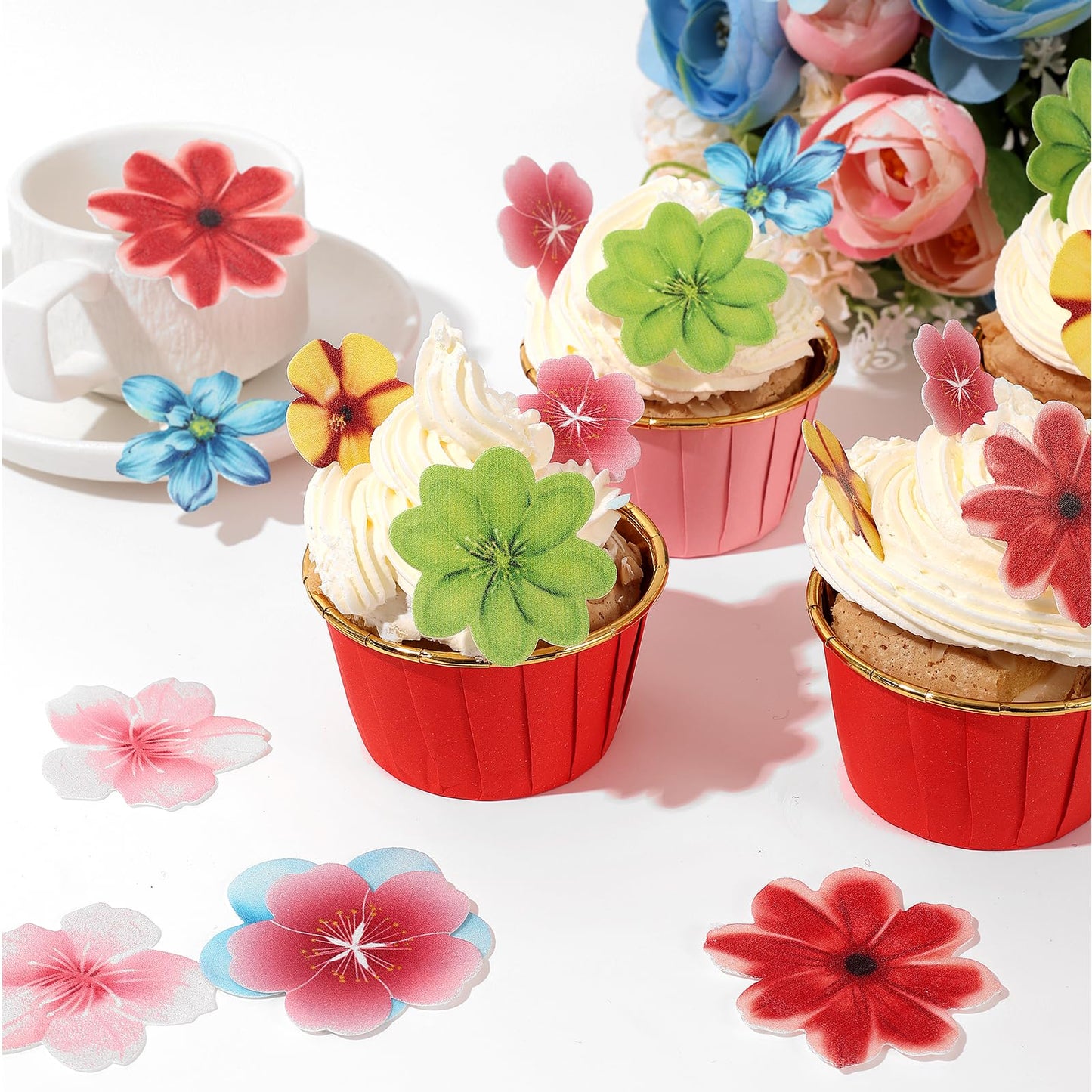 Yocity 70Pcs Edible Flowers Cake Toppers Edible Flowers Cupcake Topper Luau Hawaii Flowers Wafer Paper Flower Cake Decorations F