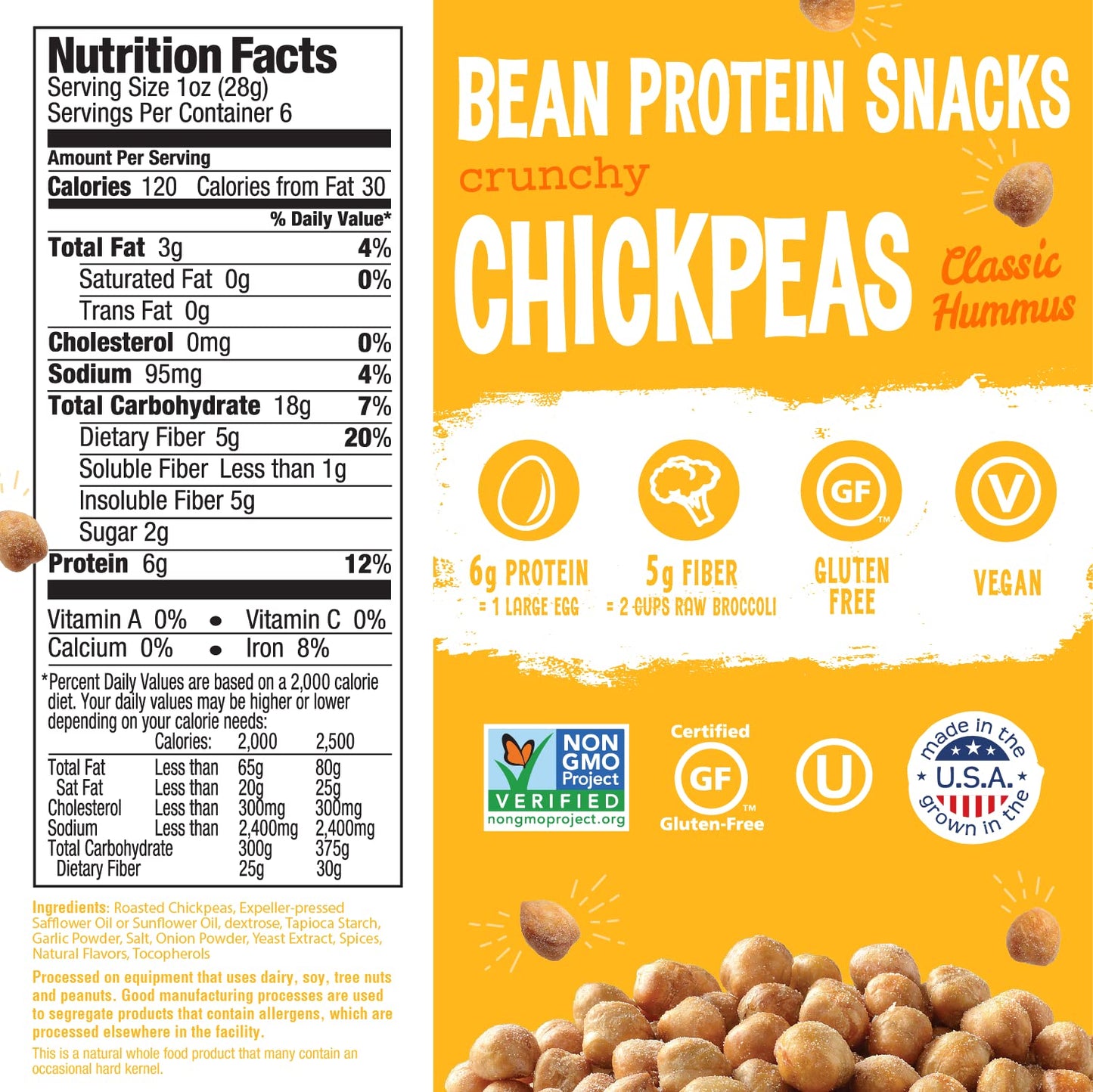 The Good Bean Crunchy Chickpeas - Classic Hummus - (6 Pack) 6 Oz Resealable Bag - Roasted Chickpea Beans - Vegan Snack With Good