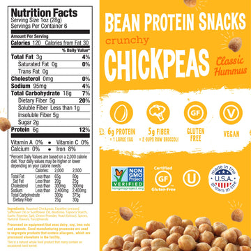 The Good Bean Crunchy Chickpeas - Classic Hummus - (6 Pack) 6 Oz Resealable Bag - Roasted Chickpea Beans - Vegan Snack With Good