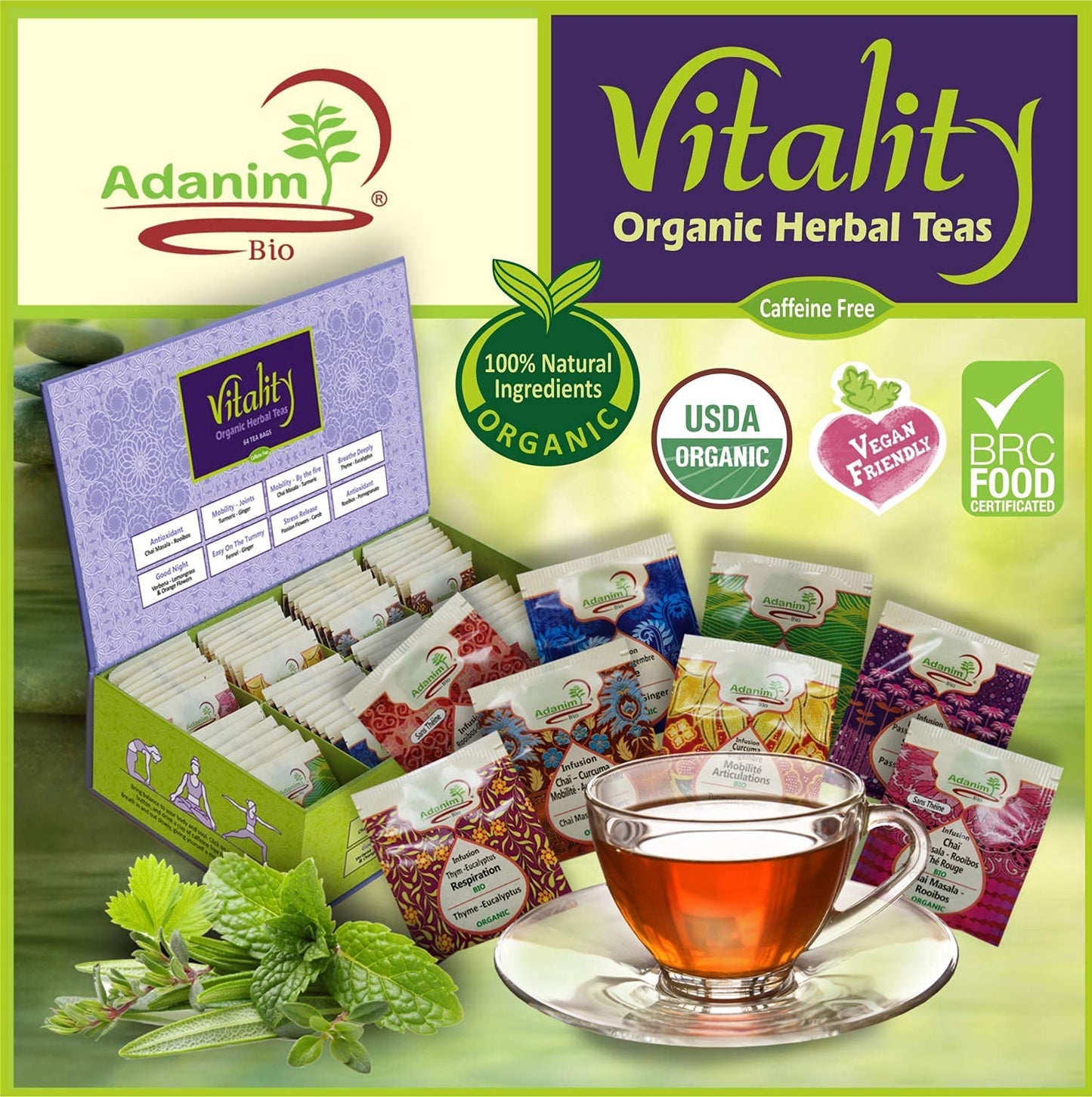 ADANIM BIO Organic Tea Sampler Gift Set - 8 Herbal Flavors, Caffeine Free, 64 Individual Tea Bags, Assorted Tea Set