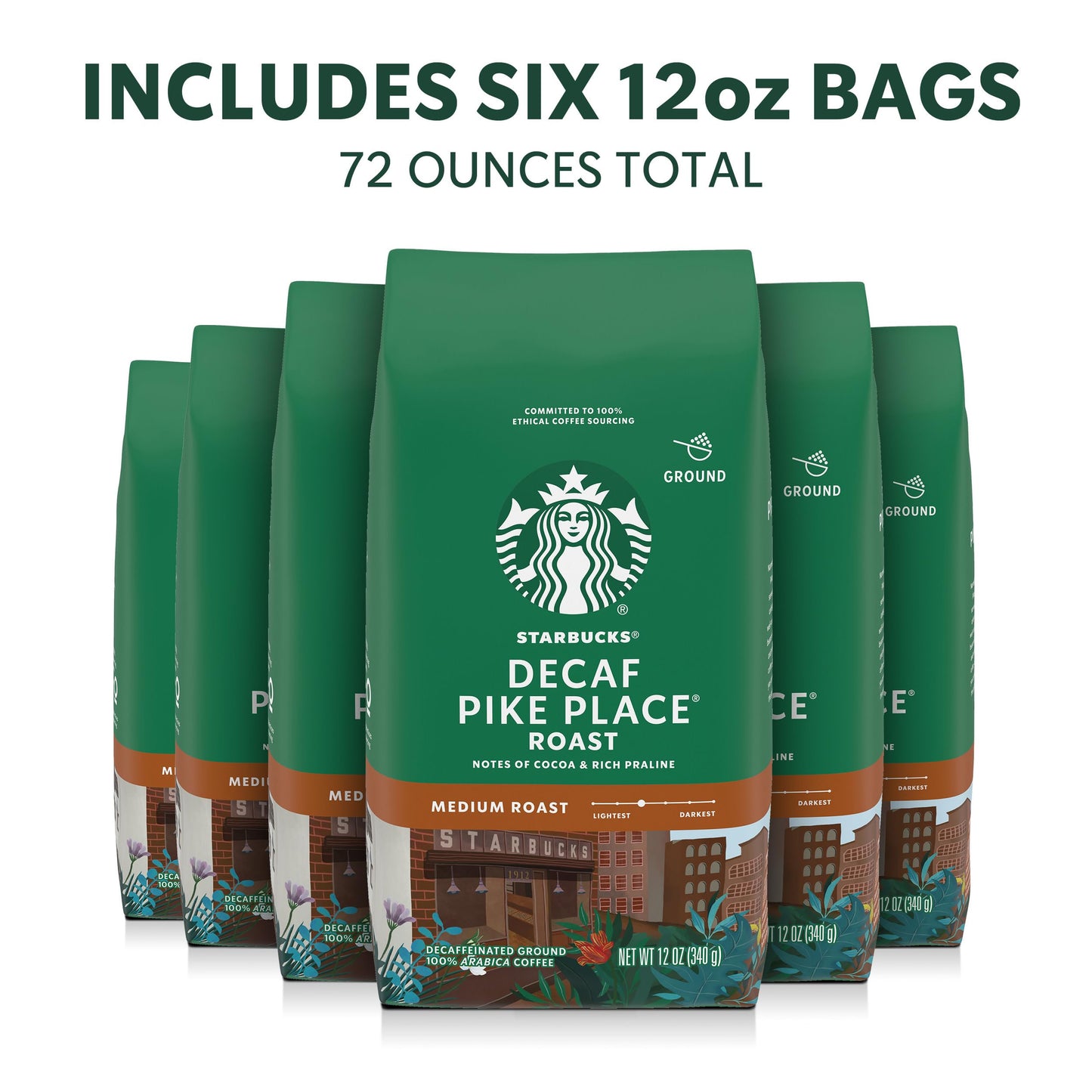 Starbucks Ground Coffee, Medium Roast Coffee, Decaf Pike Place Roast, 100% Arabica, 6 Bags (12 Oz Each)