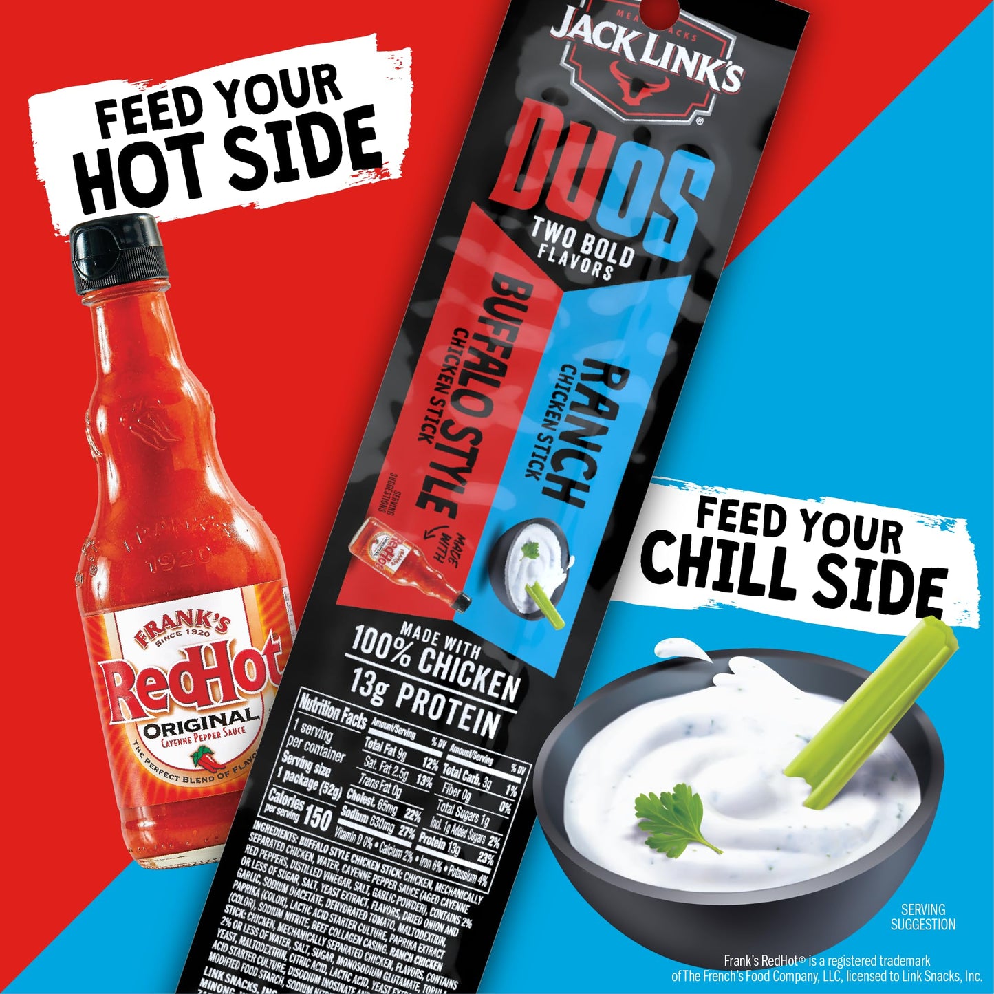 Jack Link s DUOs Chicken Jerky Meat Snack Sticks with 13g Protein - Frank s RedHot Buffalo Style With Creamy Ranch  Made with 100% Chicken  Two Flavors in One Package  1.84oz (10 Pack of 2 Sticks)