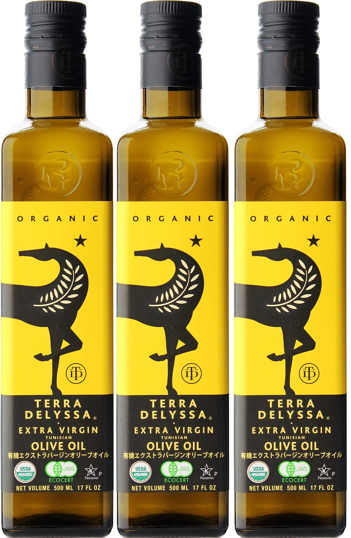 Terra Delyssa First Cold Pressed Organic Extra Virgin Olive Oil, Single Sourced, 500 Ml (17 Fl. Oz) Dark Glass Bottle - 3 Pack,