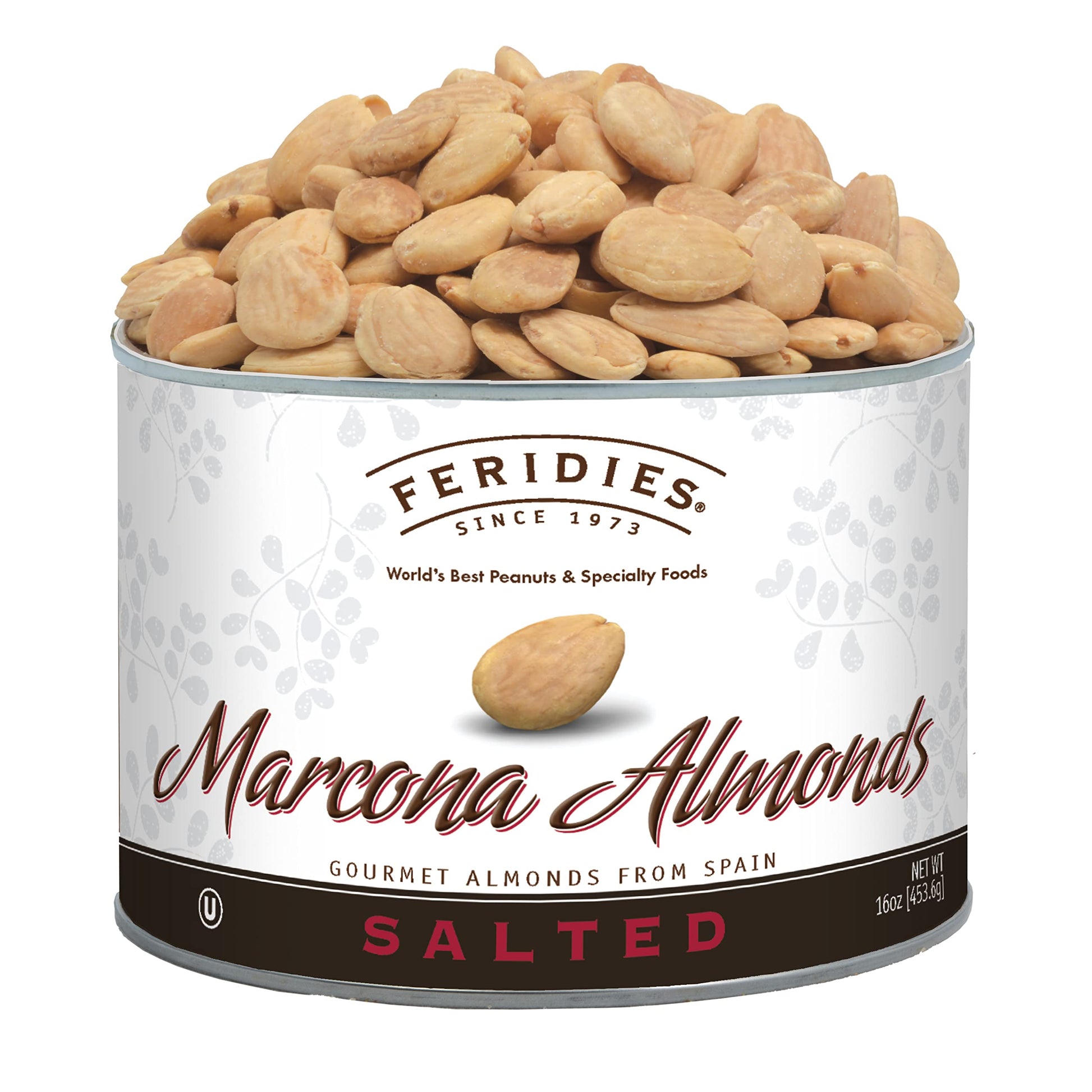 Feridies Salted Spanish Marcona Almonds  Top-Grade Roasted Almonds With Sea Salt  16 Oz Resealable Can