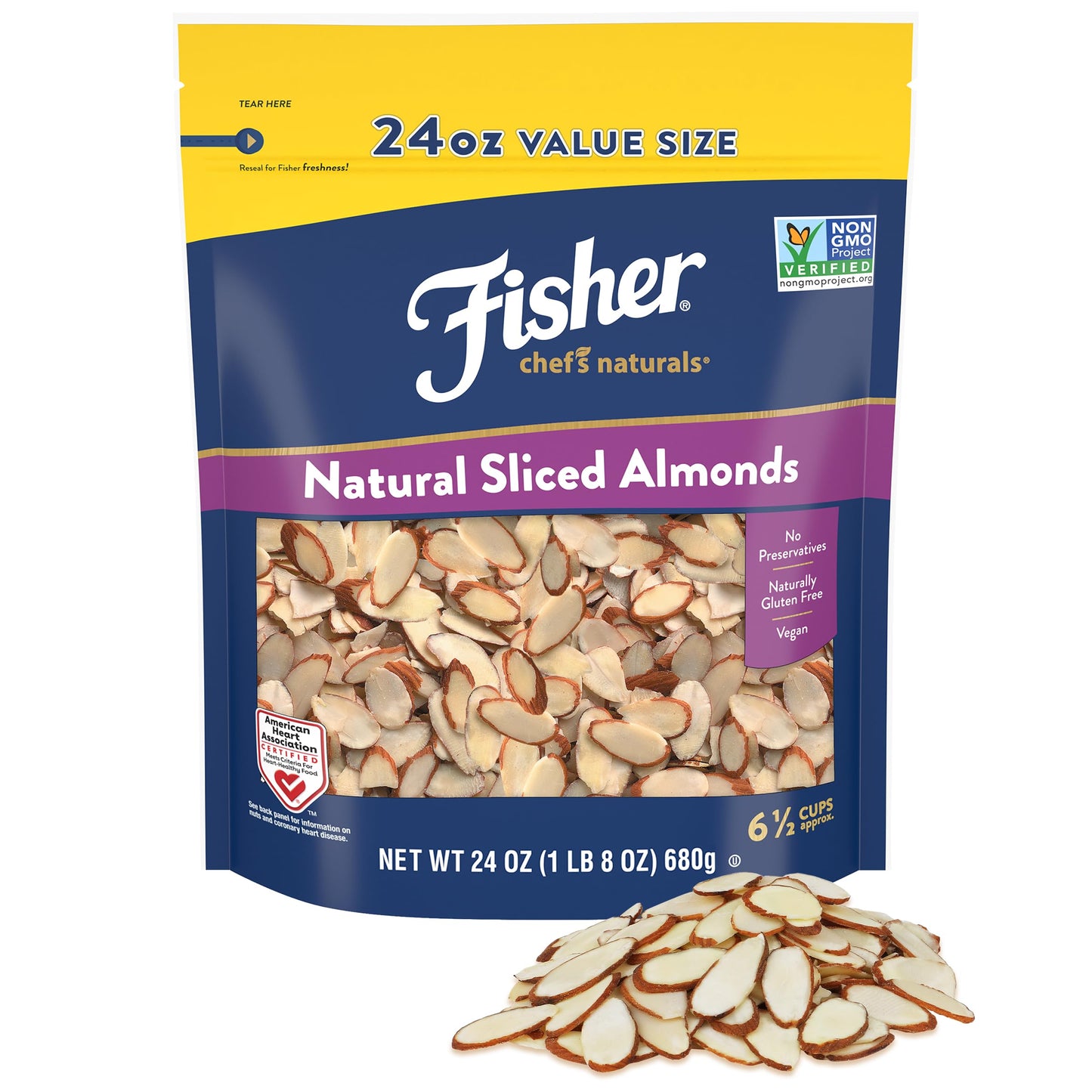 Fisher Chefs Naturals Unsalted Sliced Almonds 24oz Resealable Bag, Raw Nuts Perfect for Cooking, Baking & Snacking, Healthy Snacks for mature-themeds, Vegan Protein, Keto Snack, Gluten Free