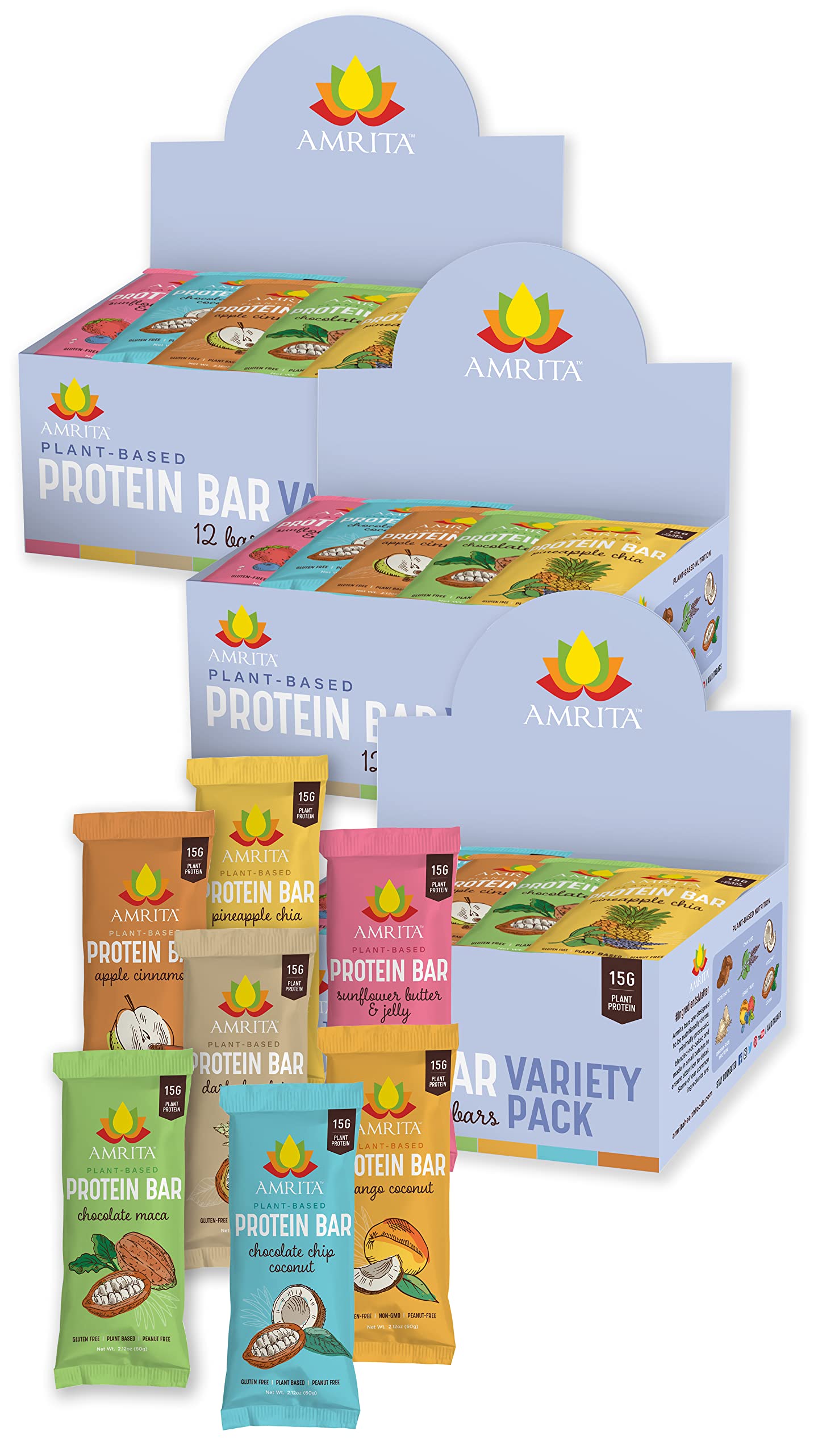 Amrita Vegan Protein Bars Variety Pack - Nut Free, Gluten Free, Low Sugar, High Fiber - 12 Count (Pack of 3)