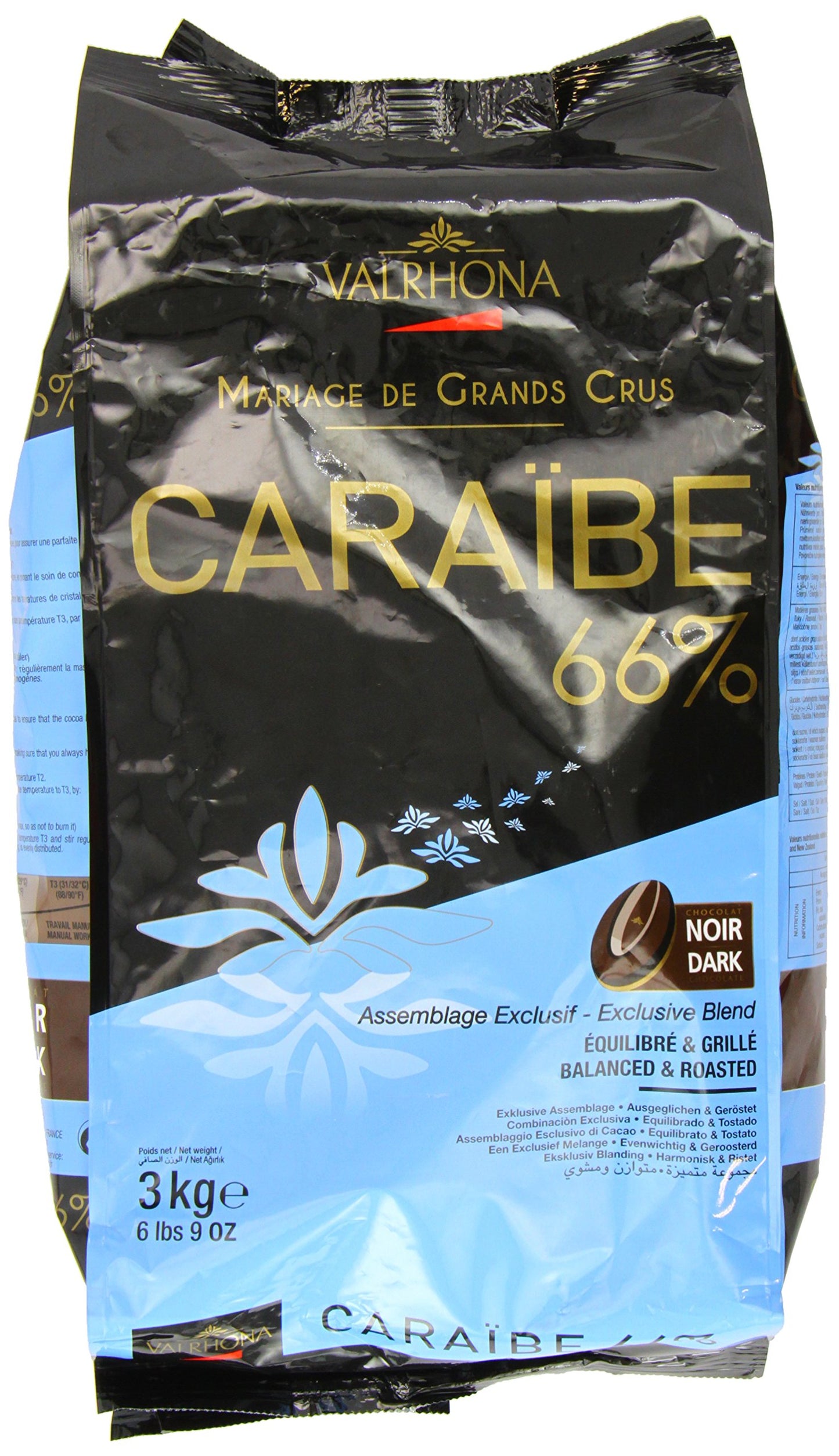 VALRHONA Dark Chocolate Feves - 66% Cacao - 6 lbs 9 oz Bag - Ideal for Baking and Cooking