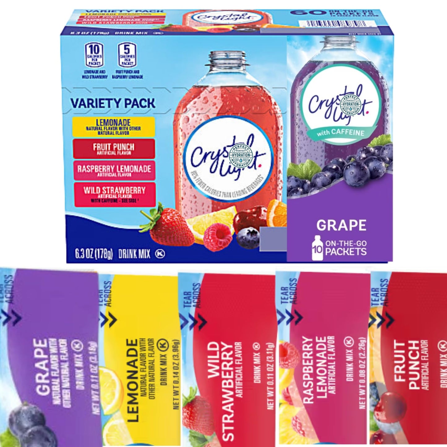 Crystal-Light Variety Pack - 70 Flavored Drink Mix Packets In Lemonade  Fruit Punch  Raspberry  Wild Strawberry  And Grape. Enjoy Bold  Bursting Grape Flavor Alongside Other Refreshing  Sugar-Free Options. Perfect For Hydration Anytime  Anywhere.