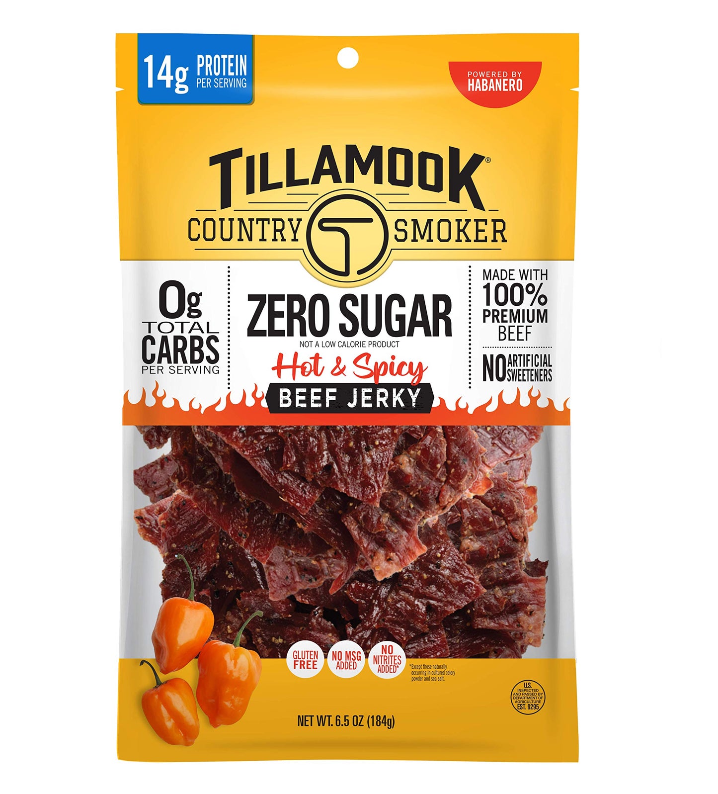 TILLAMOOK COUNTRY SMOKER Beef Jerky, Keto Friendly, Zero Sugar, Hot & Spicy, 6.5 Ounce