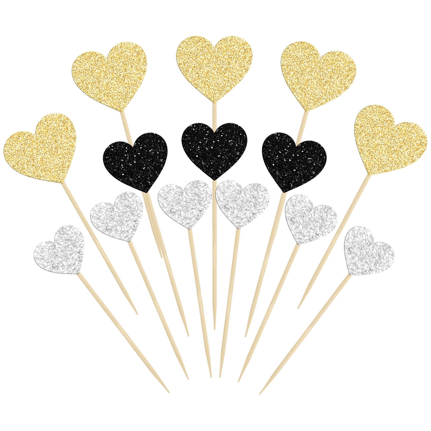 Gyufise 30Pcs Heart Cupcake Toppers, Glitter Paper Picks for Valentines Day, Wedding, Birthday Party, Gold Black Silver